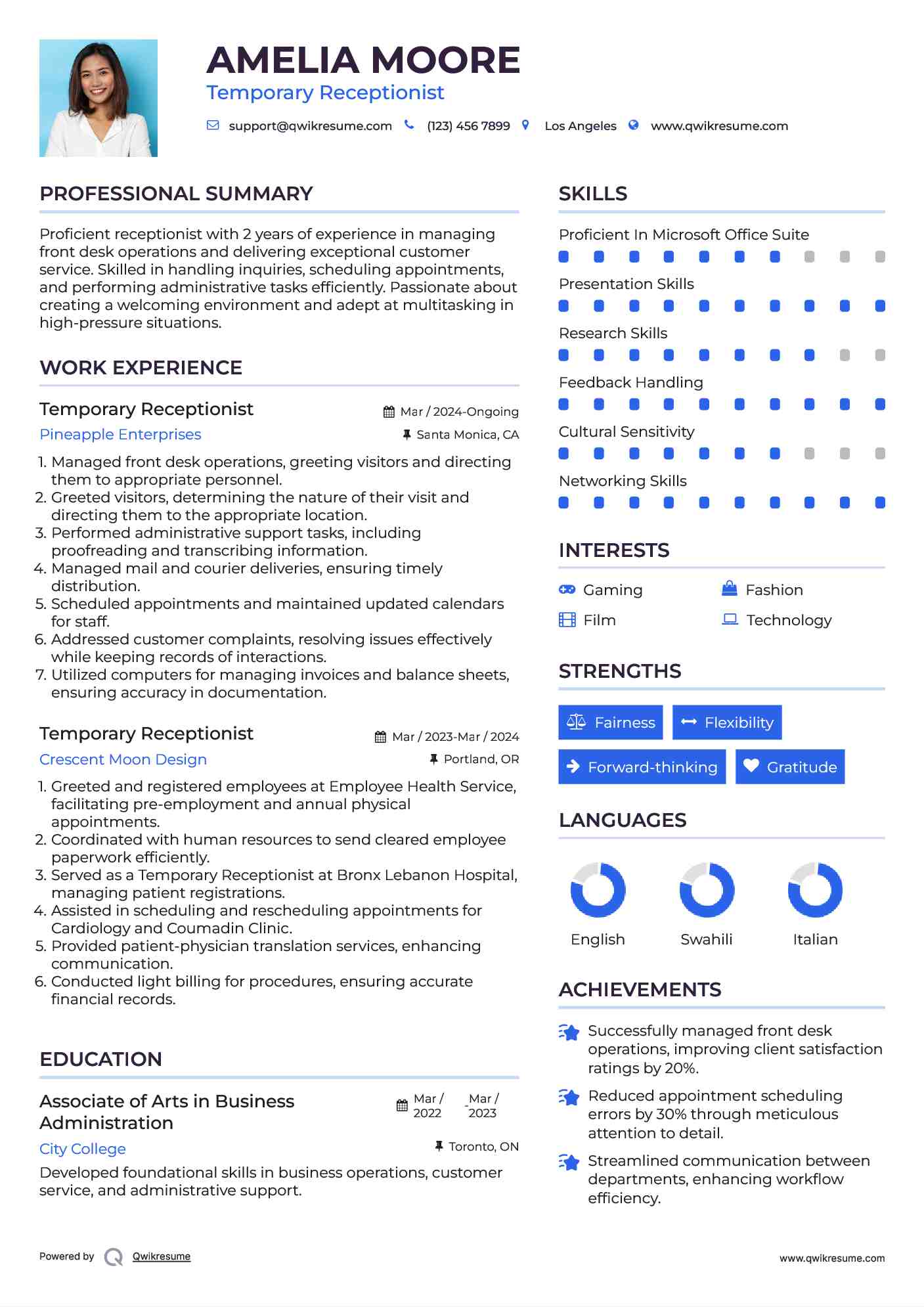 Temporary Receptionist Resume Format
