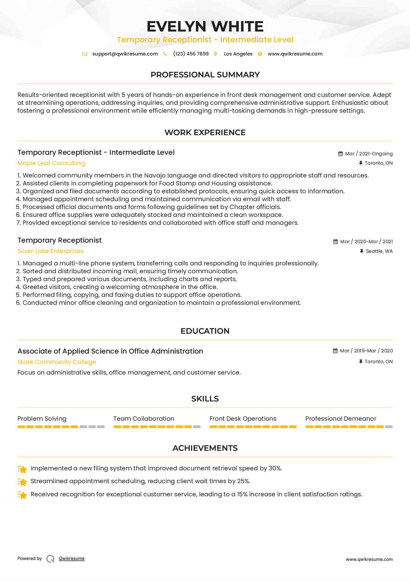 Temporary Receptionist - Intermediate Level Resume Template
