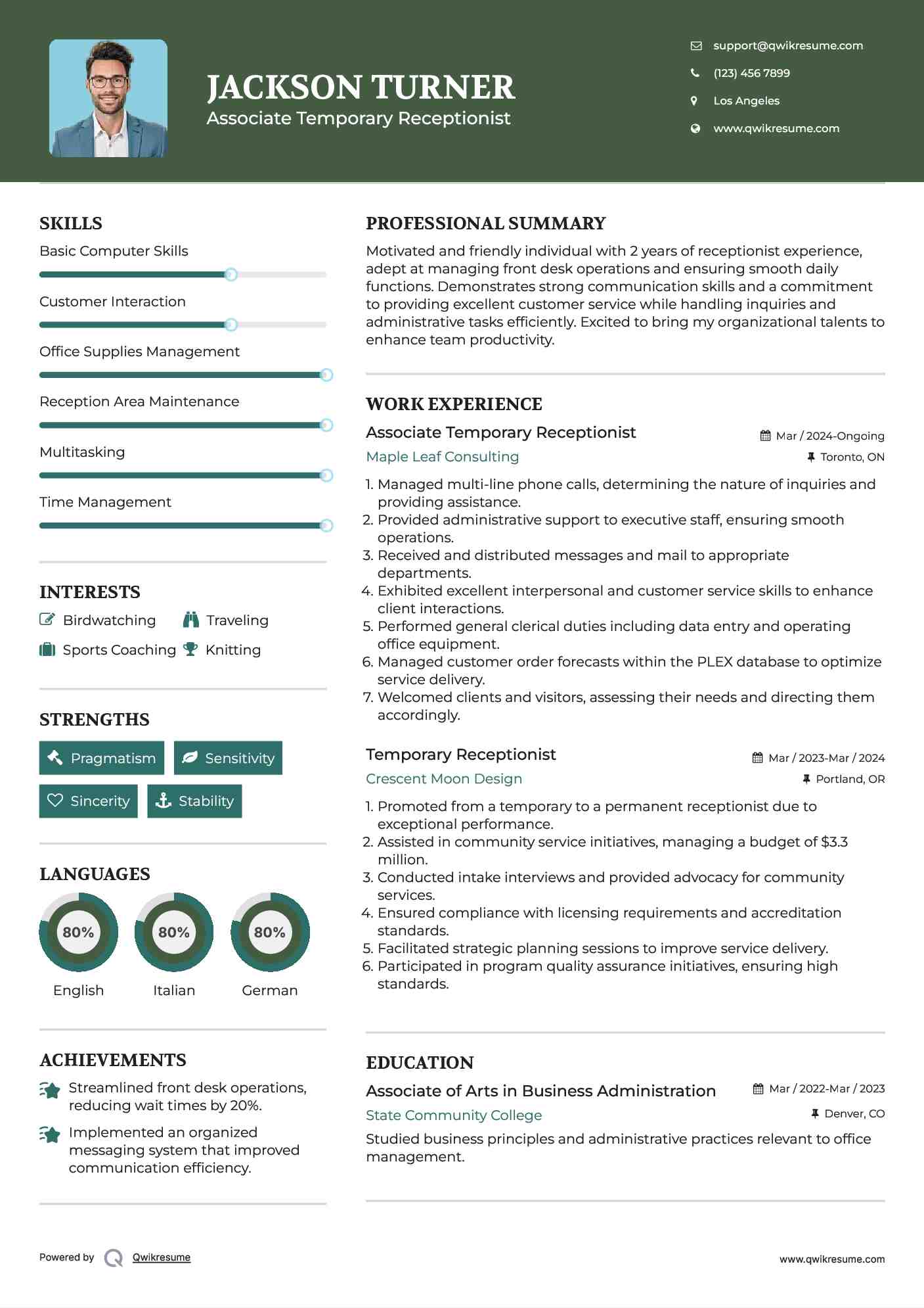 Associate Temporary Receptionist Resume Format