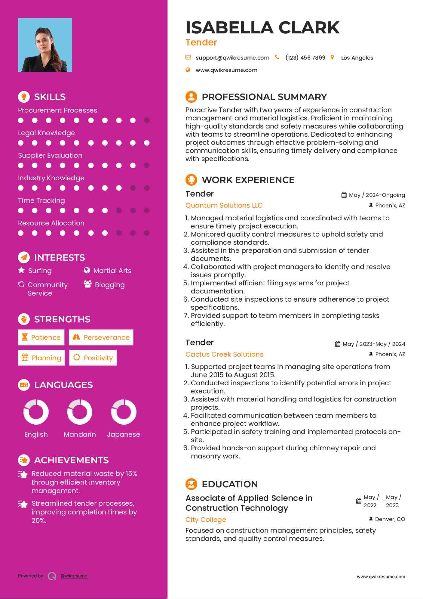 Tender Resume Example