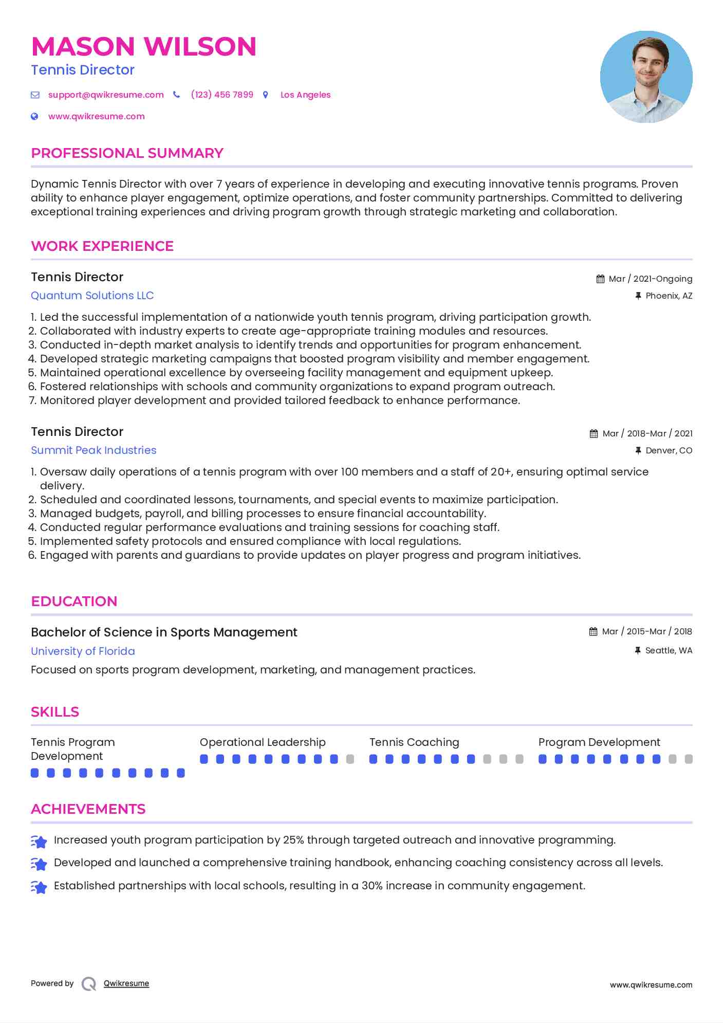 Tennis Director Resume Example