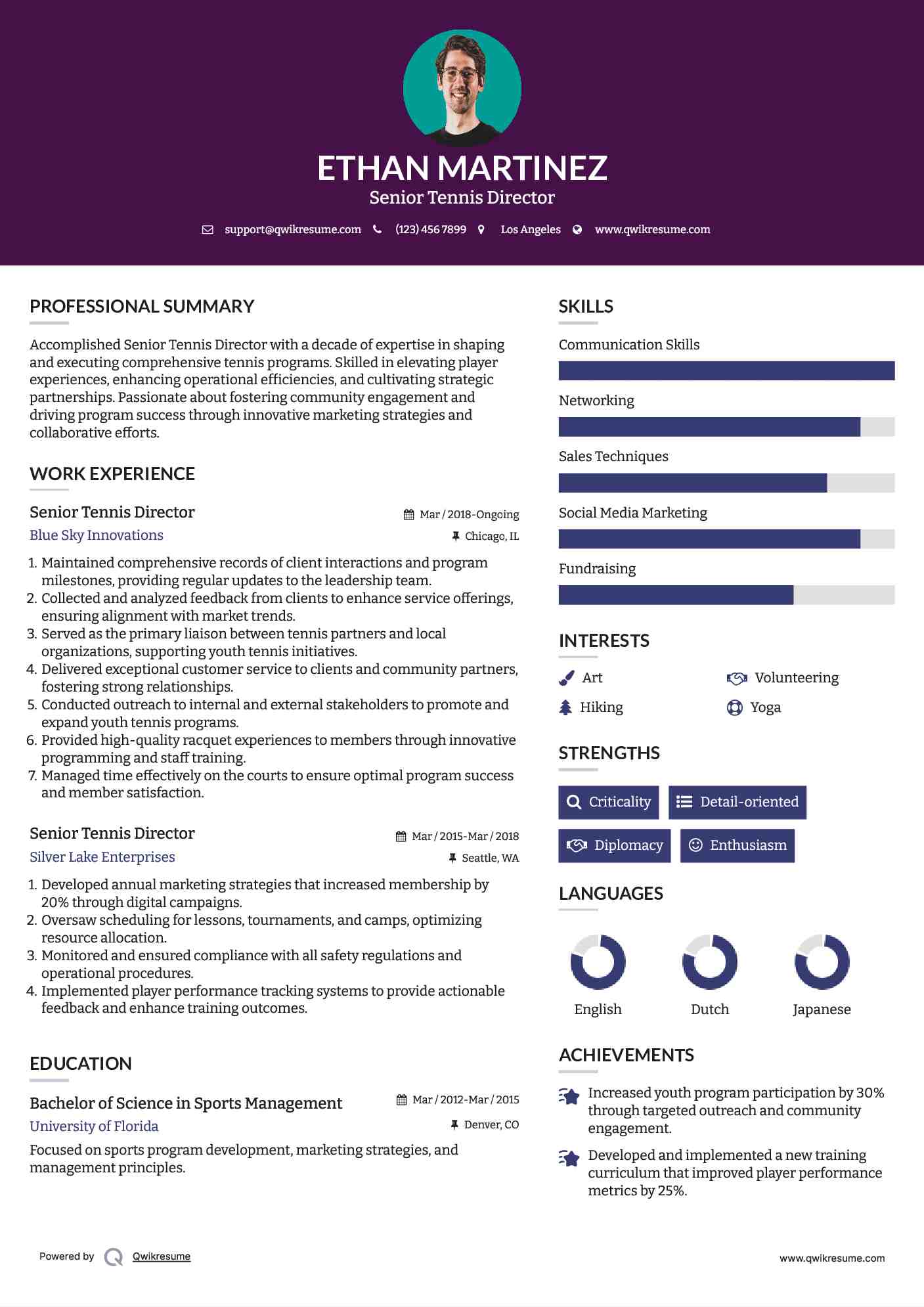 Senior Tennis Director  Resume Sample