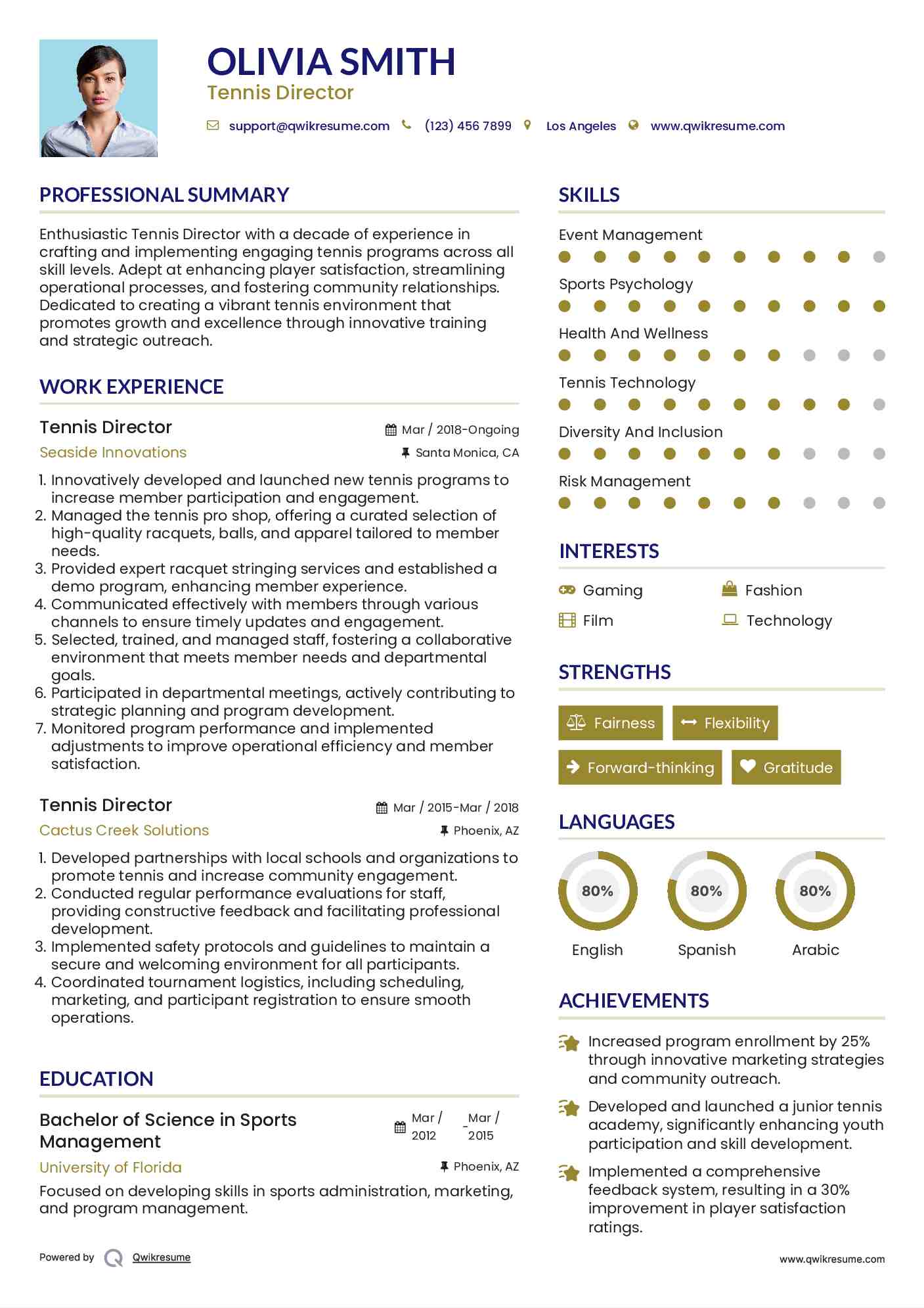 Tennis Director Resume Sample