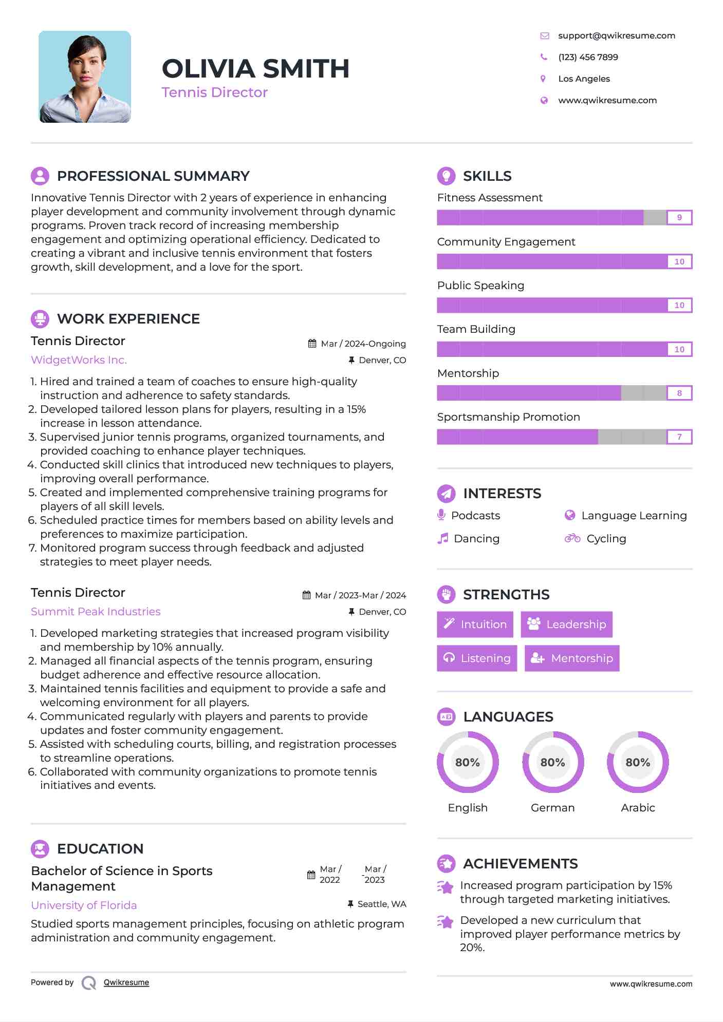 Tennis Director Resume Model