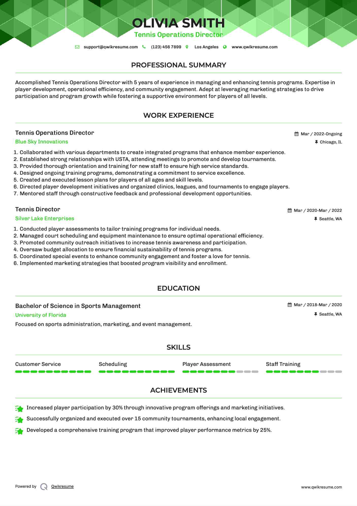 Tennis Operations Director Resume Format