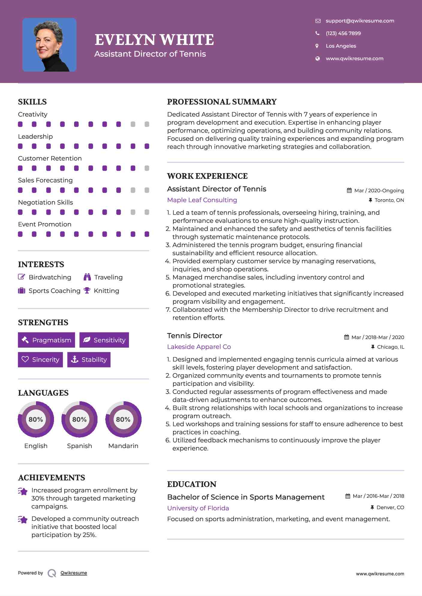 Assistant Director of Tennis
 Resume Template