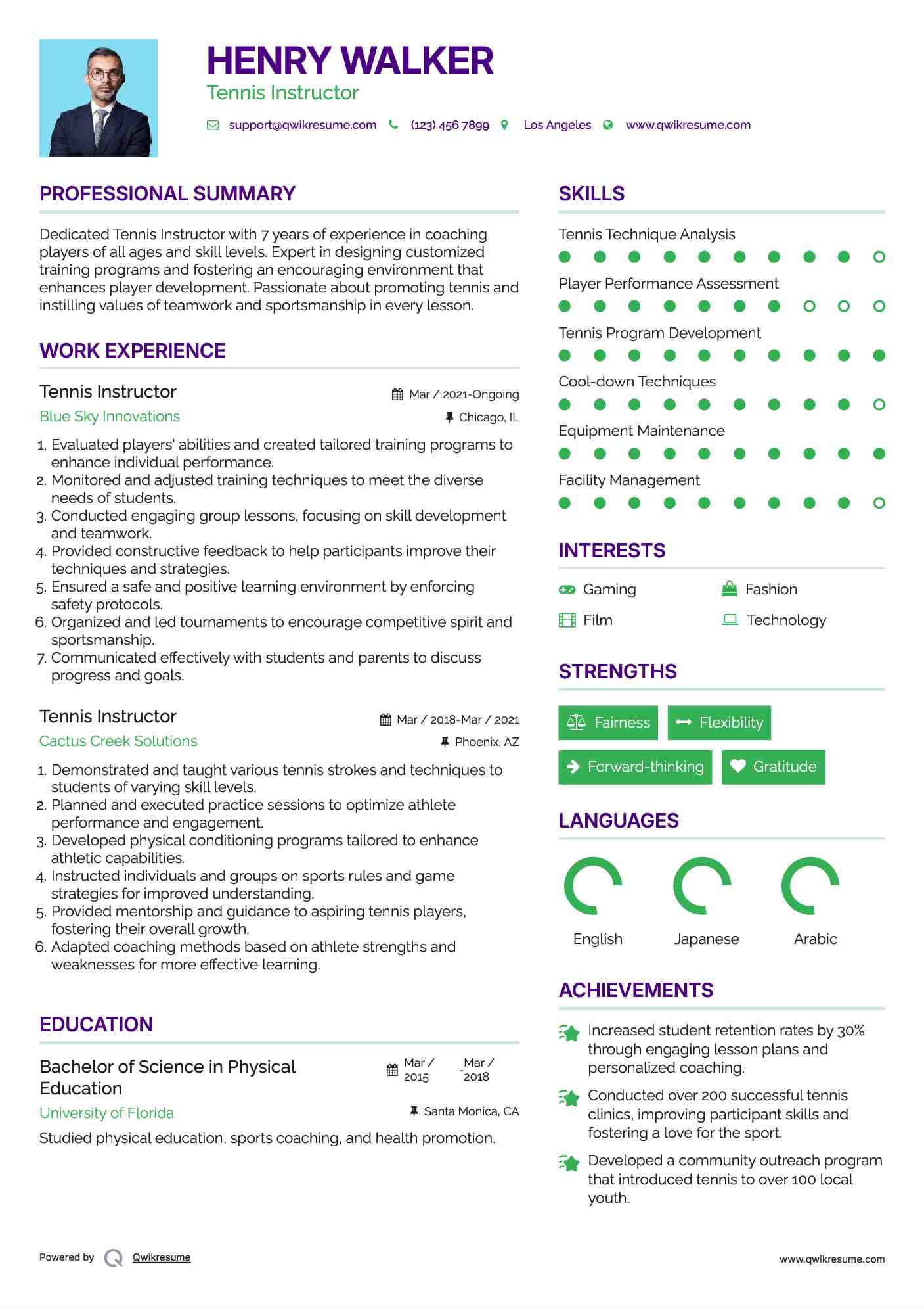 Tennis Instructor Resume Model