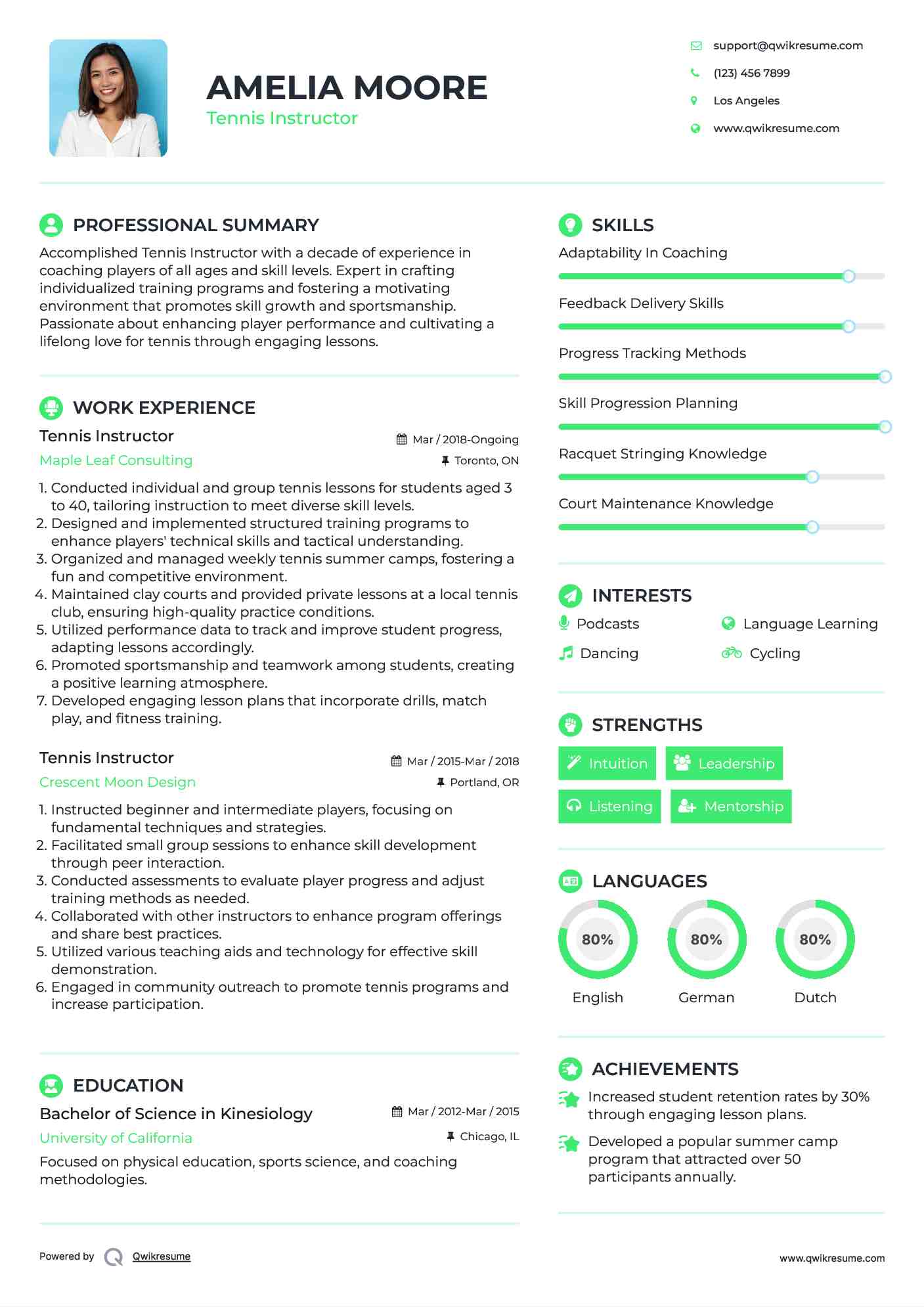 Tennis Instructor Resume Sample