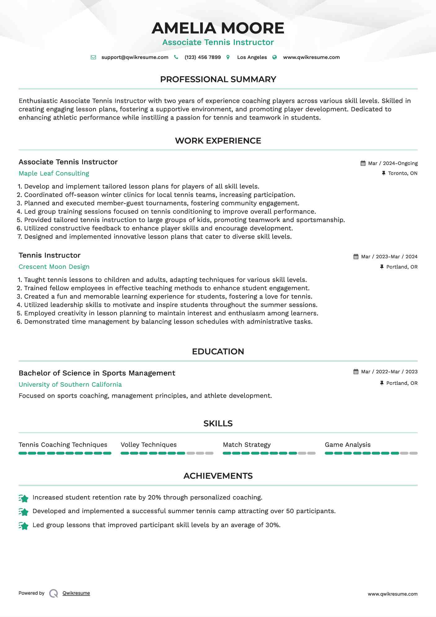Associate Tennis Instructor Resume Format