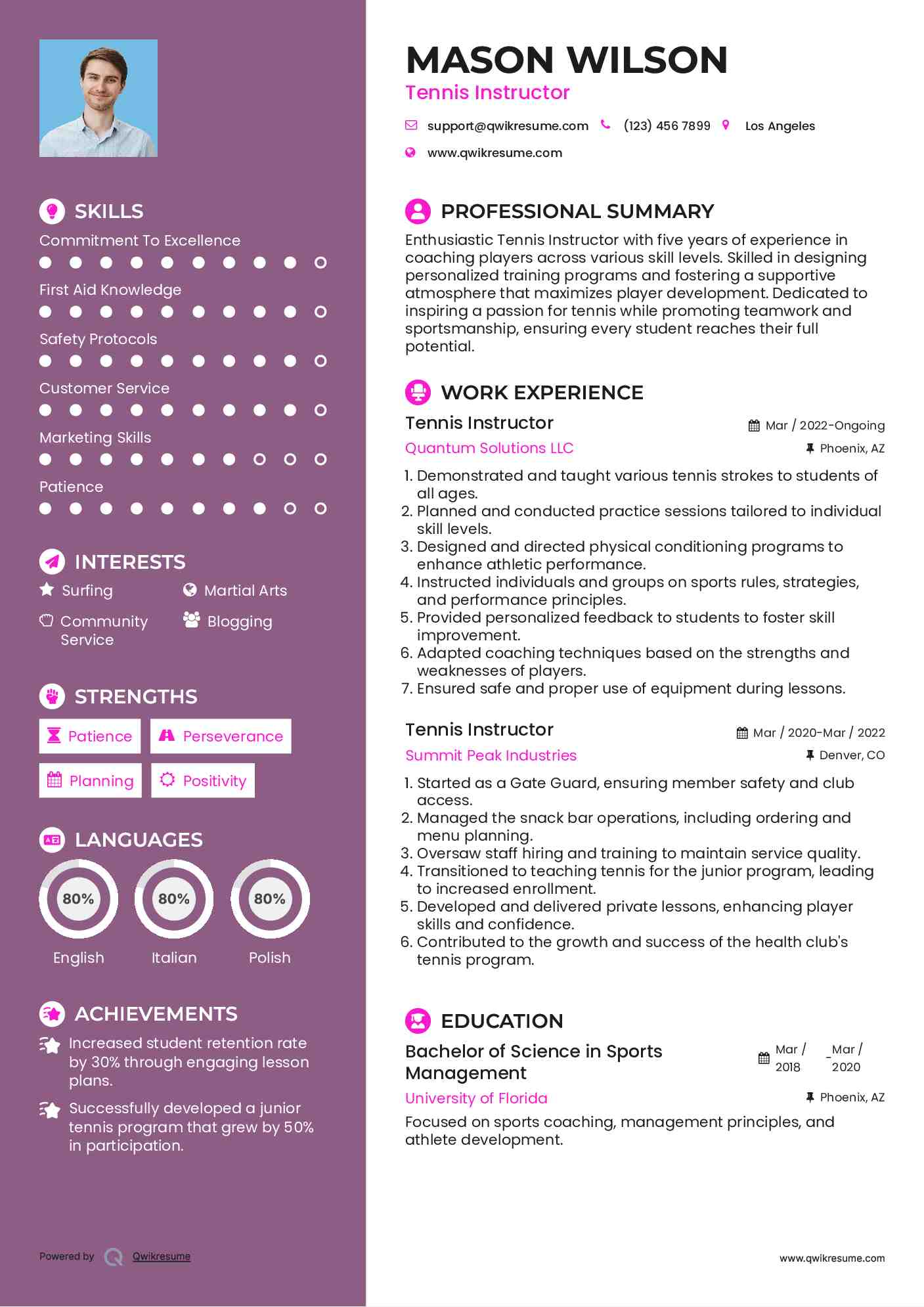 Tennis Instructor Resume Model