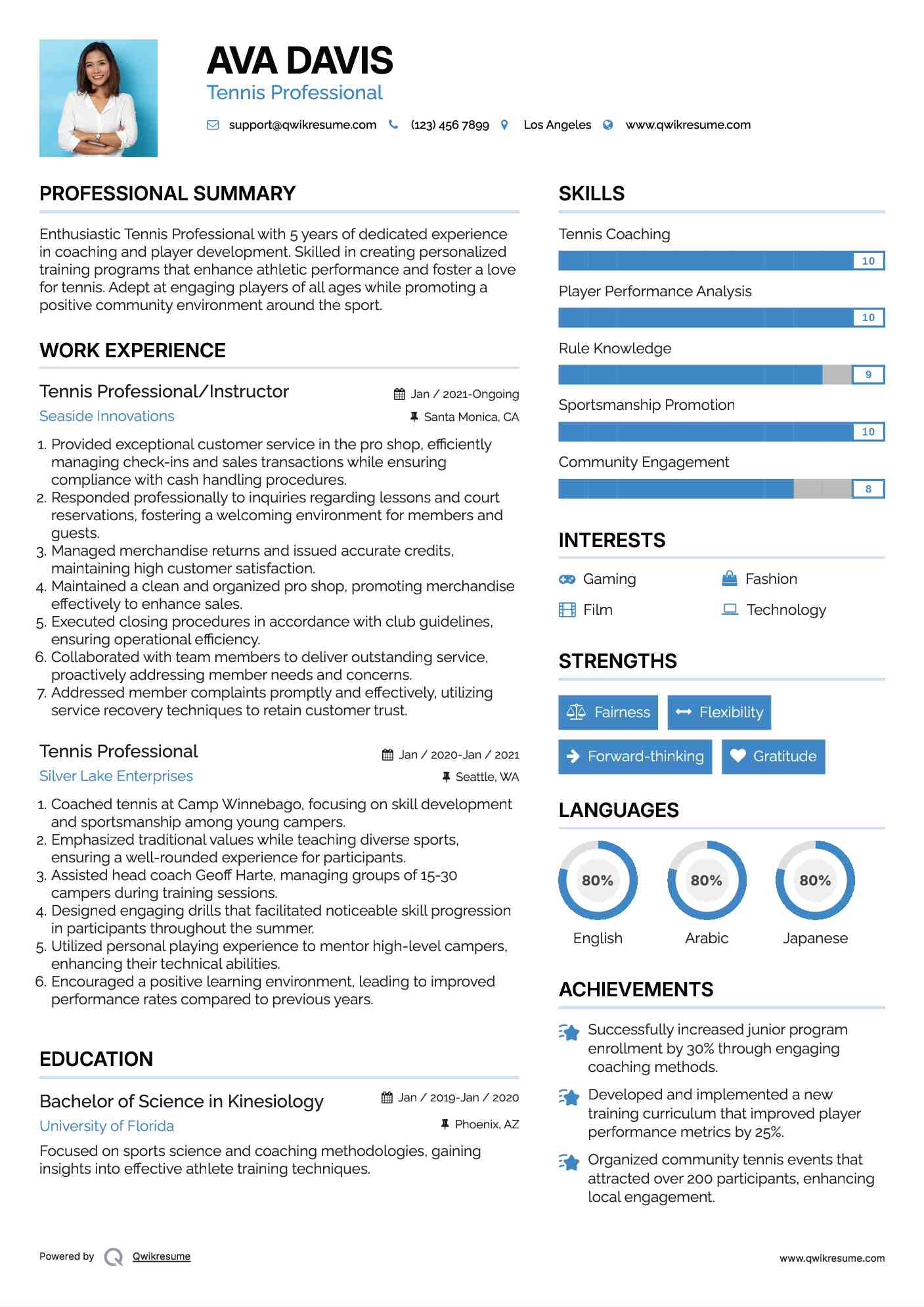 Tennis Professional/Instructor Resume Template