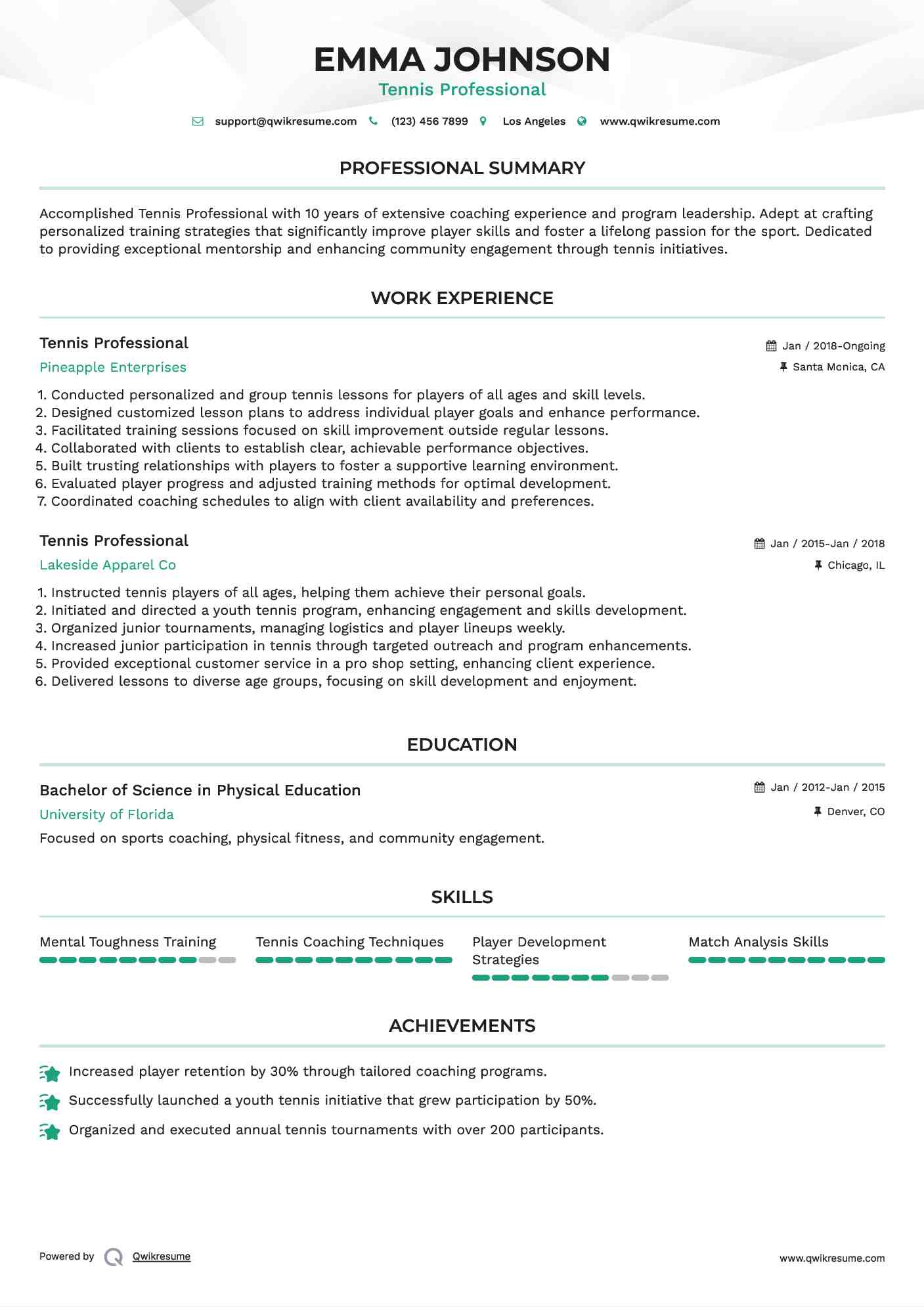 Tennis Professional Resume Template