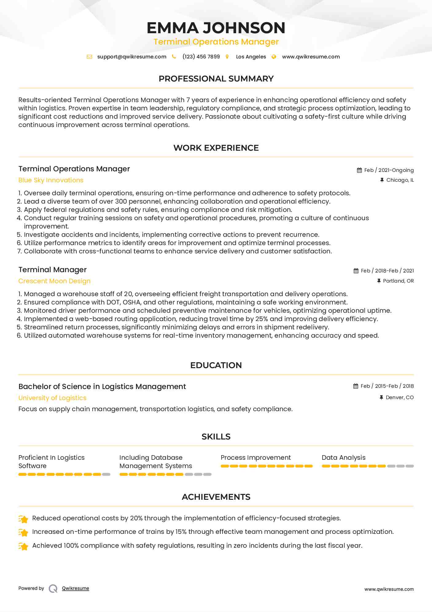 Terminal Operations Manager Resume Format