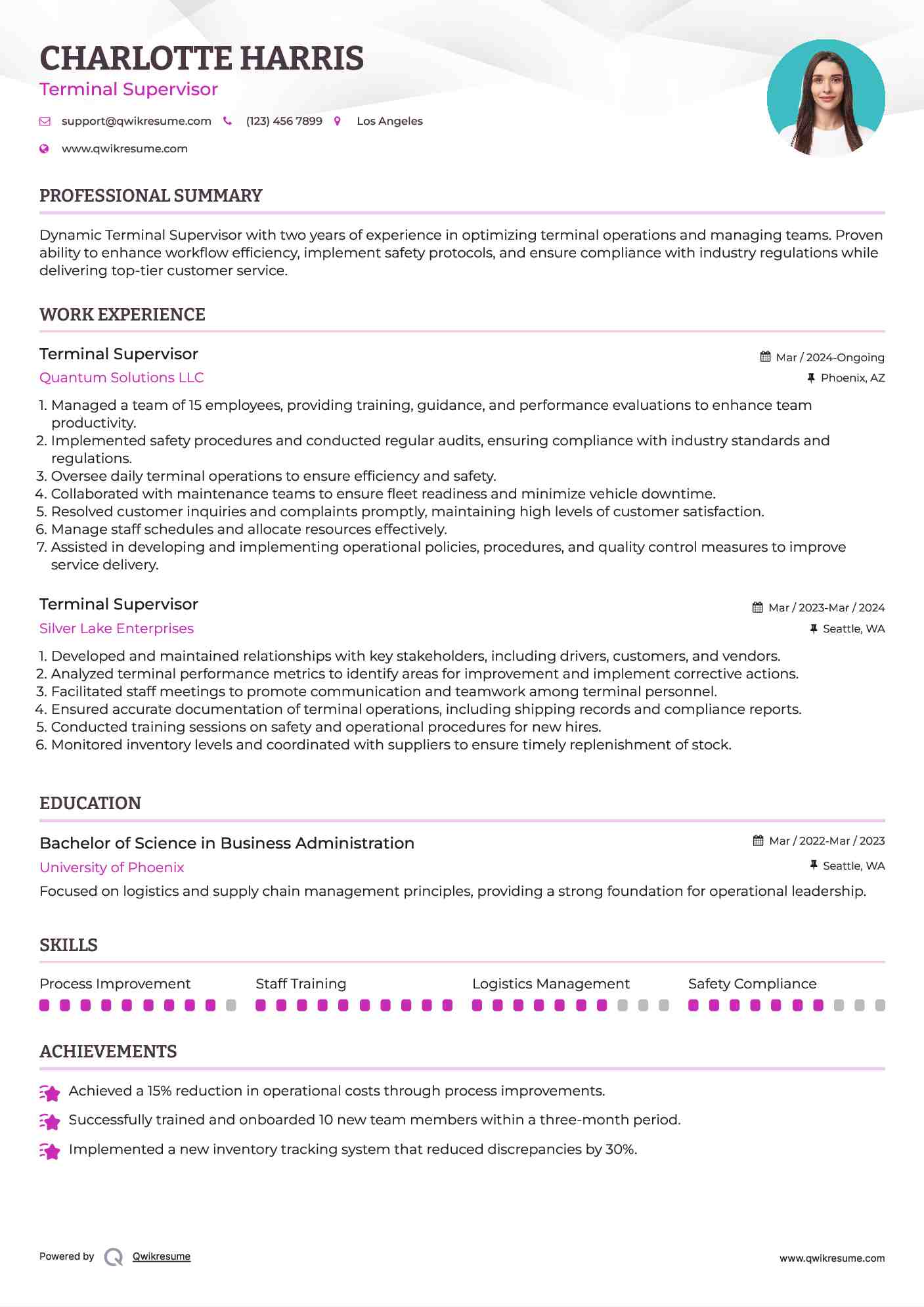 Terminal Supervisor Resume Sample