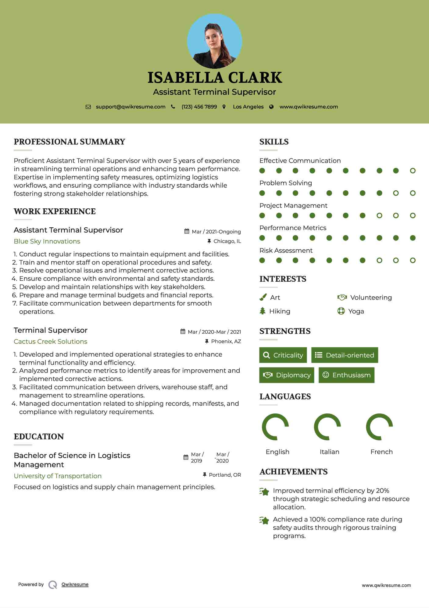 Assistant Terminal Supervisor Resume Format