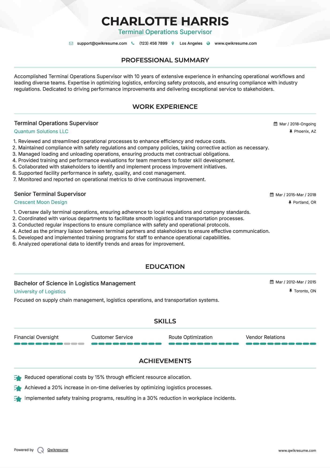 Terminal Operations Supervisor Resume Model