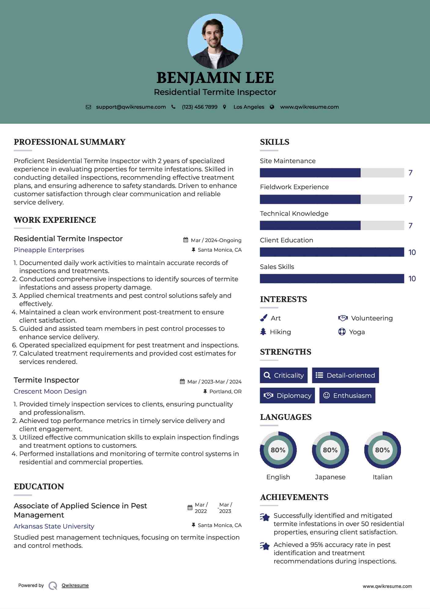 Residential Termite Inspector Resume Model