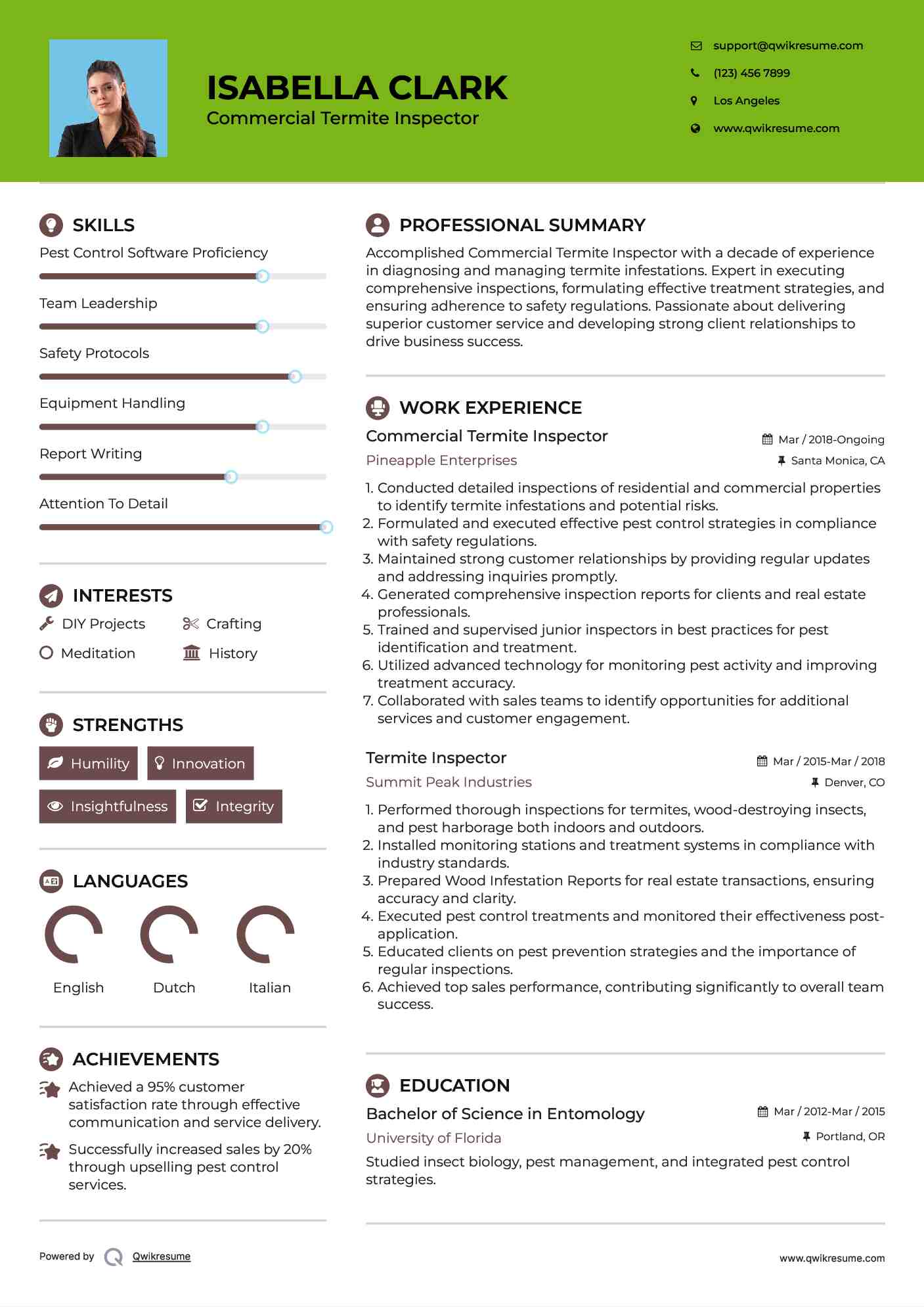 Commercial Termite Inspector Resume Sample