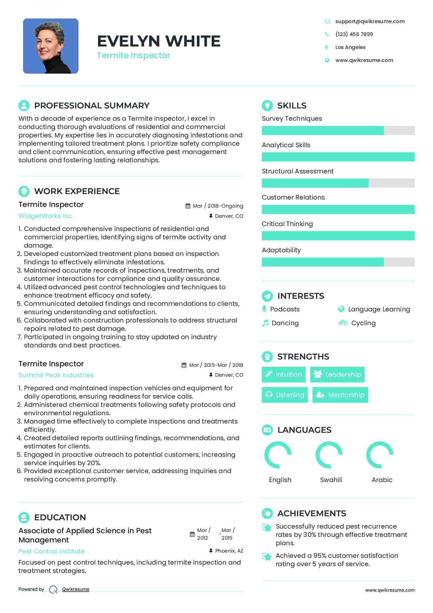 Termite Inspector Resume Model