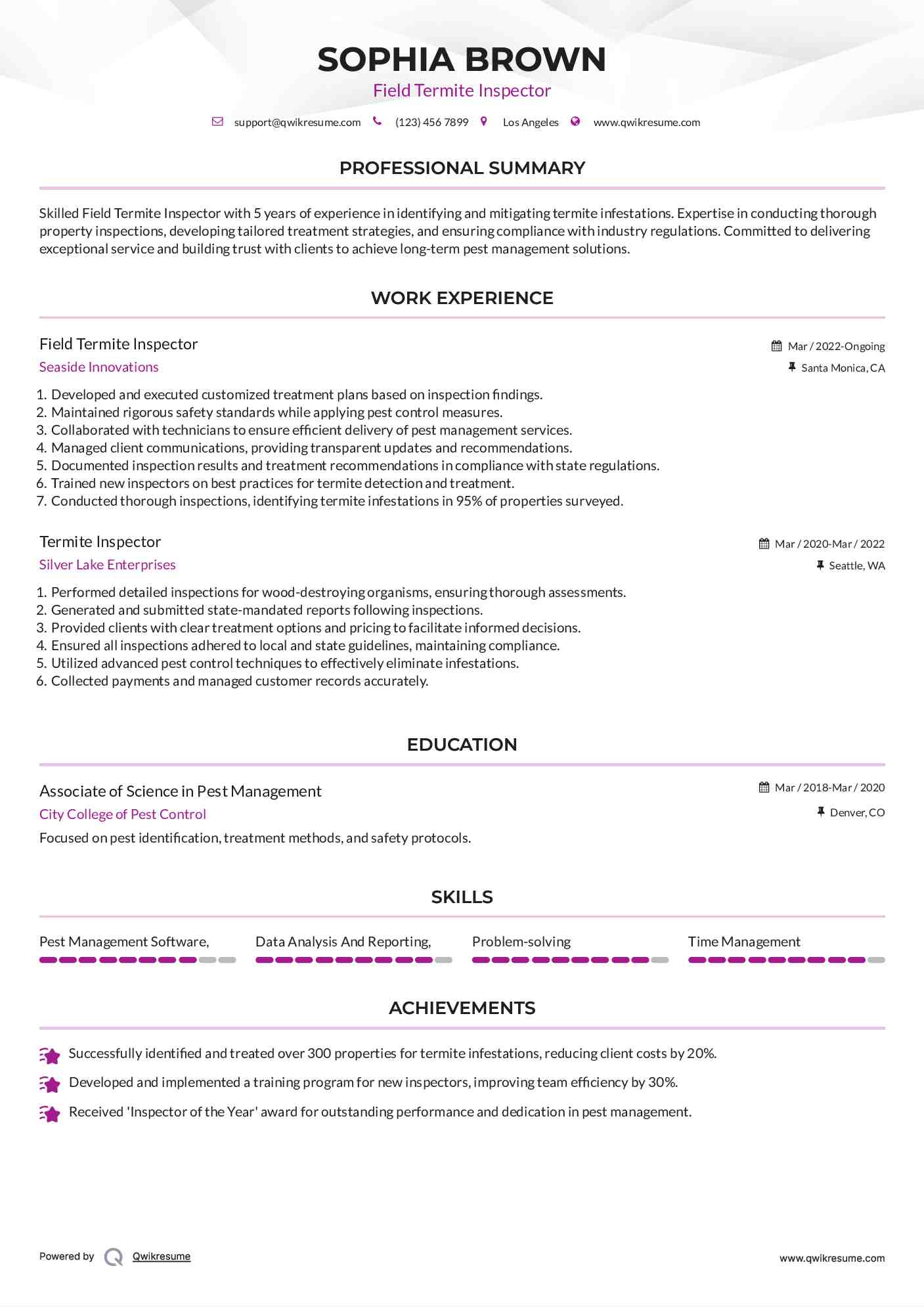 Field Termite Inspector Resume Sample