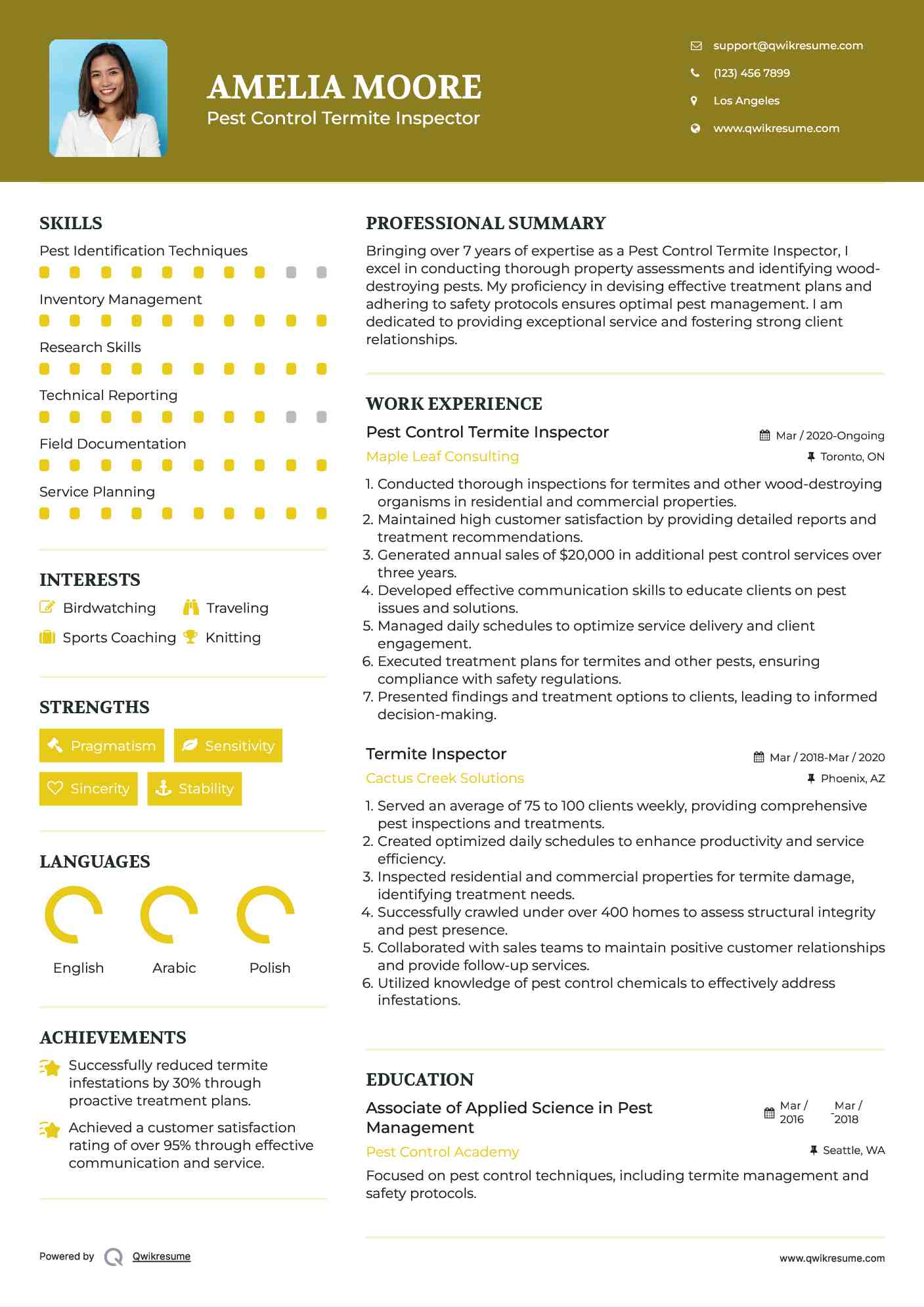 Pest Control Termite Inspector Resume Sample