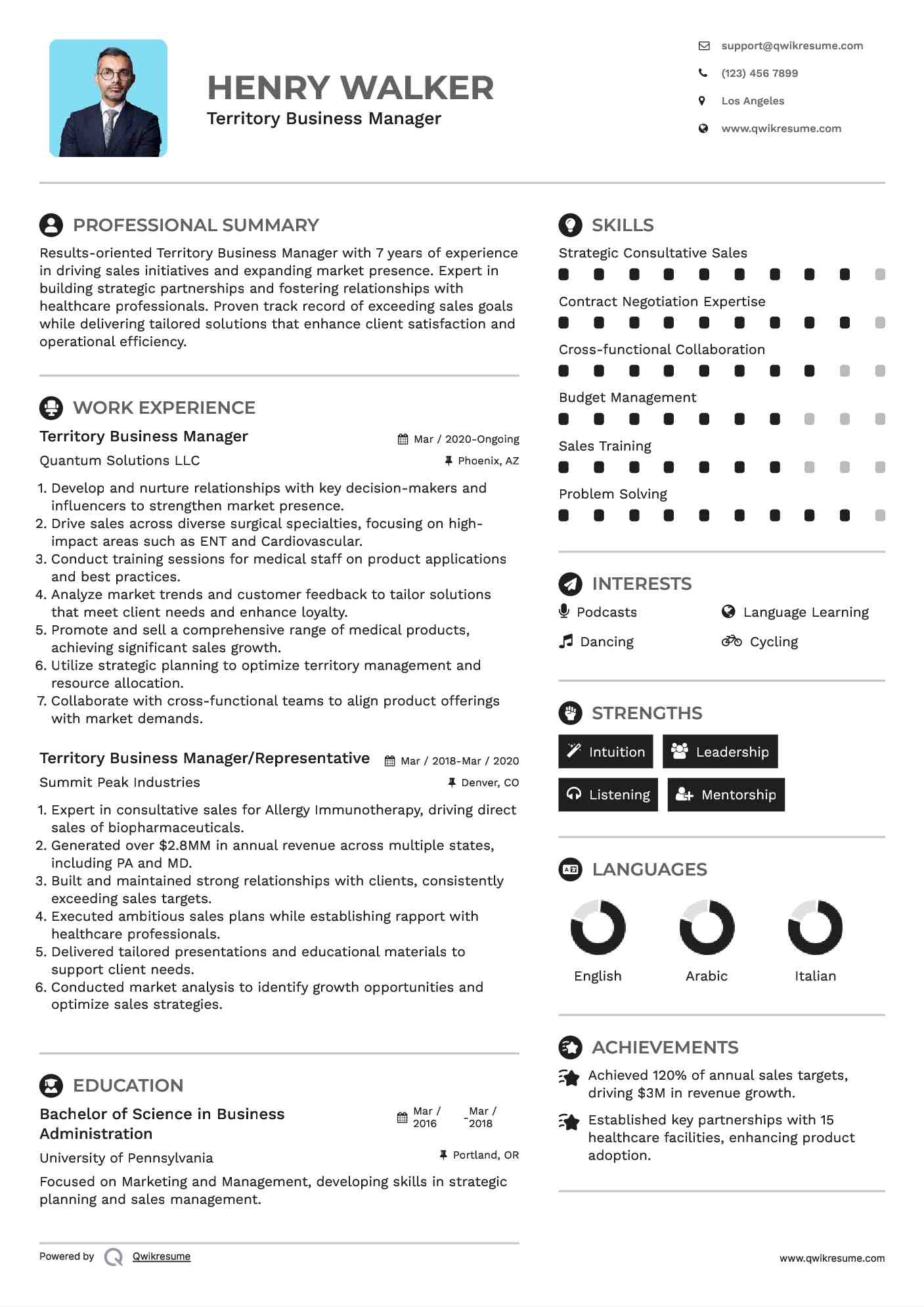 Territory Business Manager Resume Sample