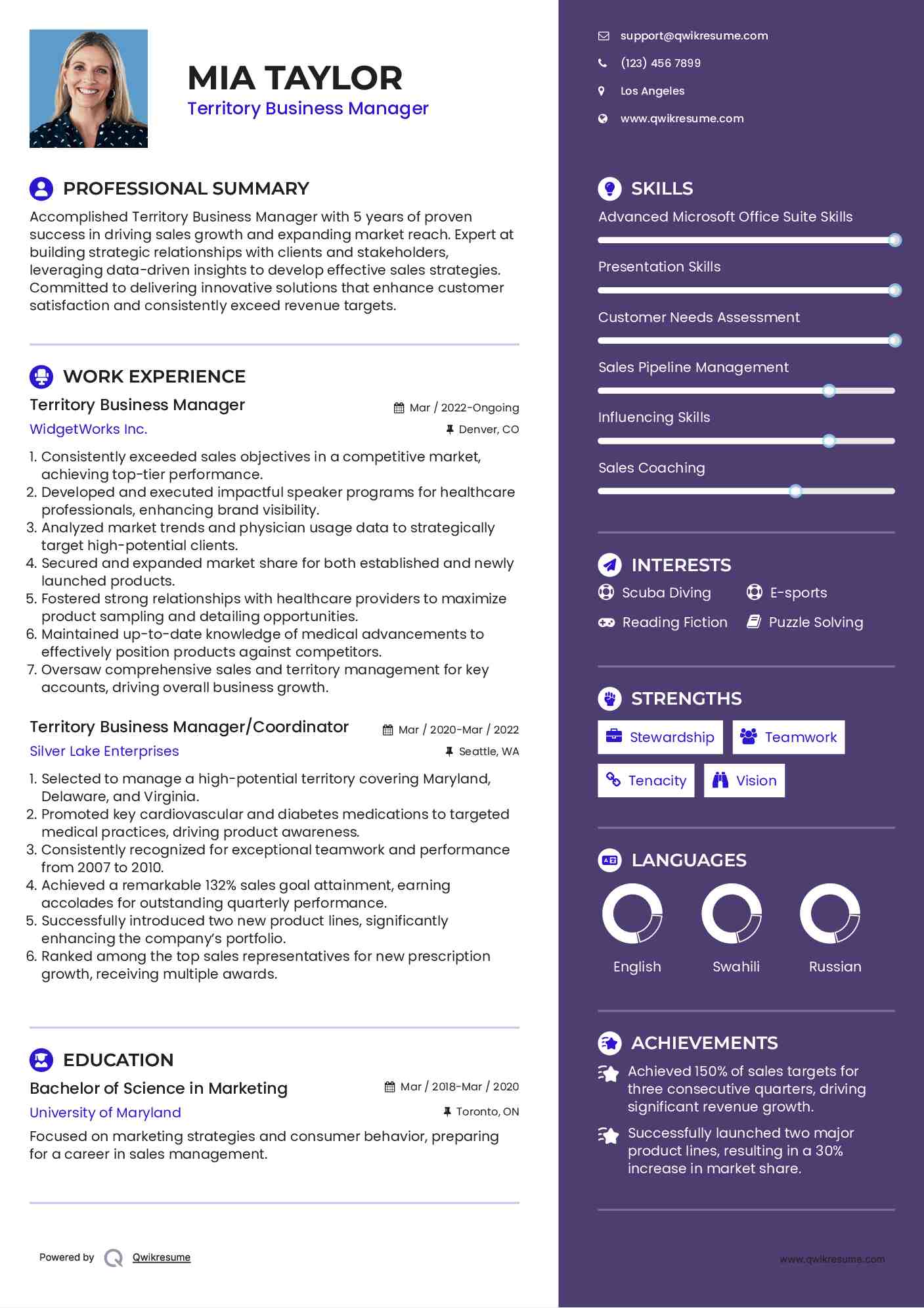 Territory Business Manager Resume Model