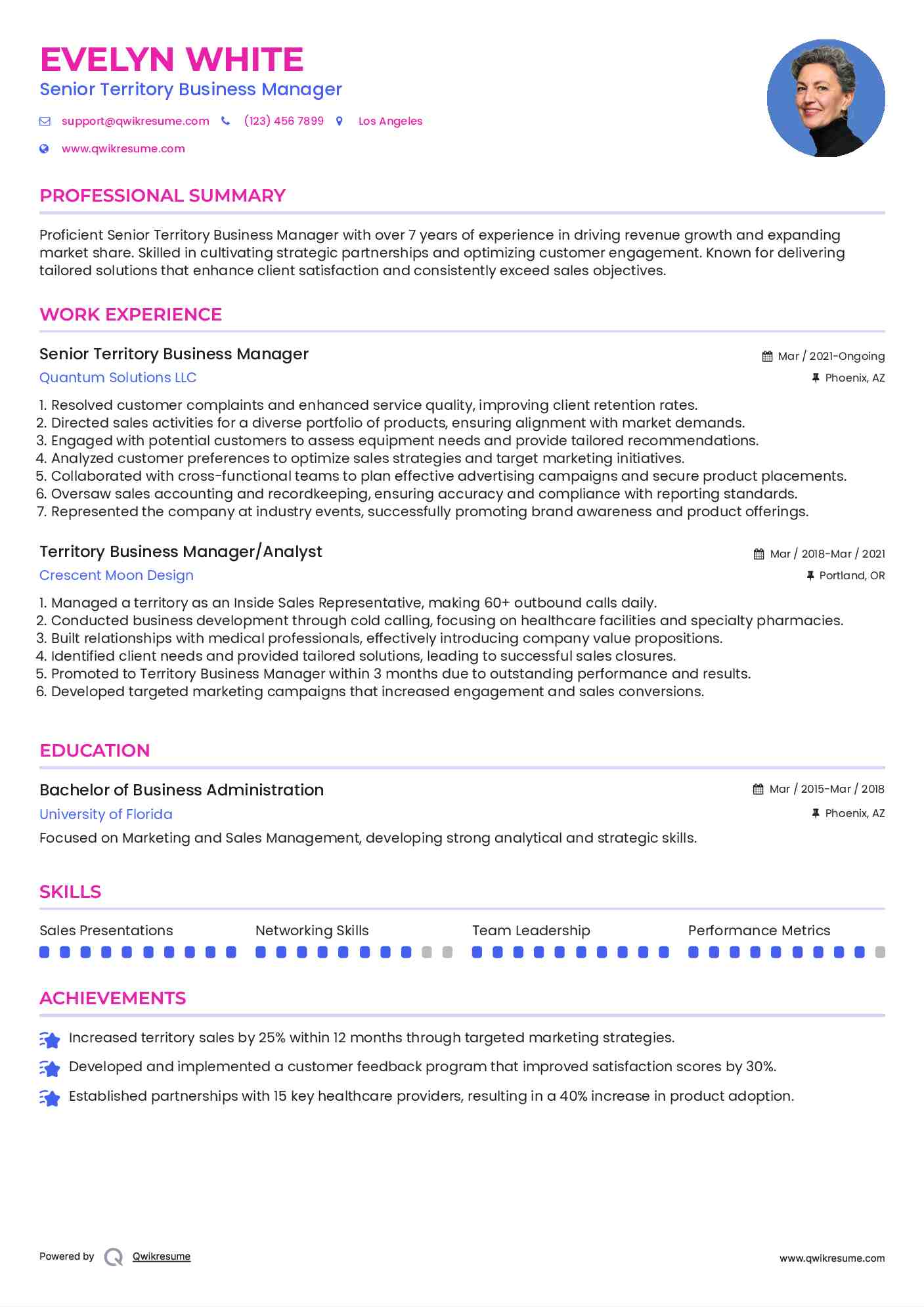 Senior Territory Business Manager Resume Example
