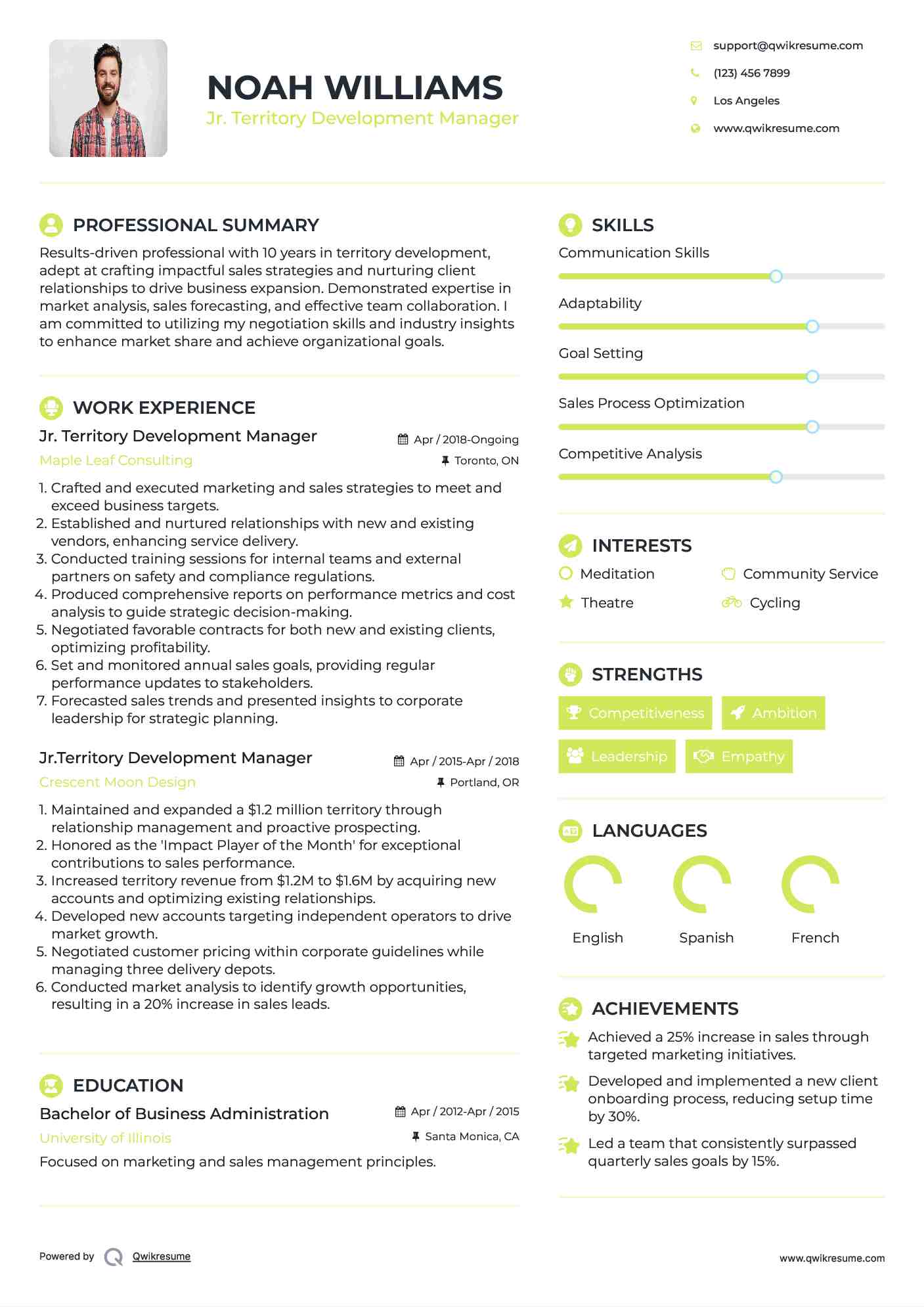 Jr. Territory Development Manager Resume Sample