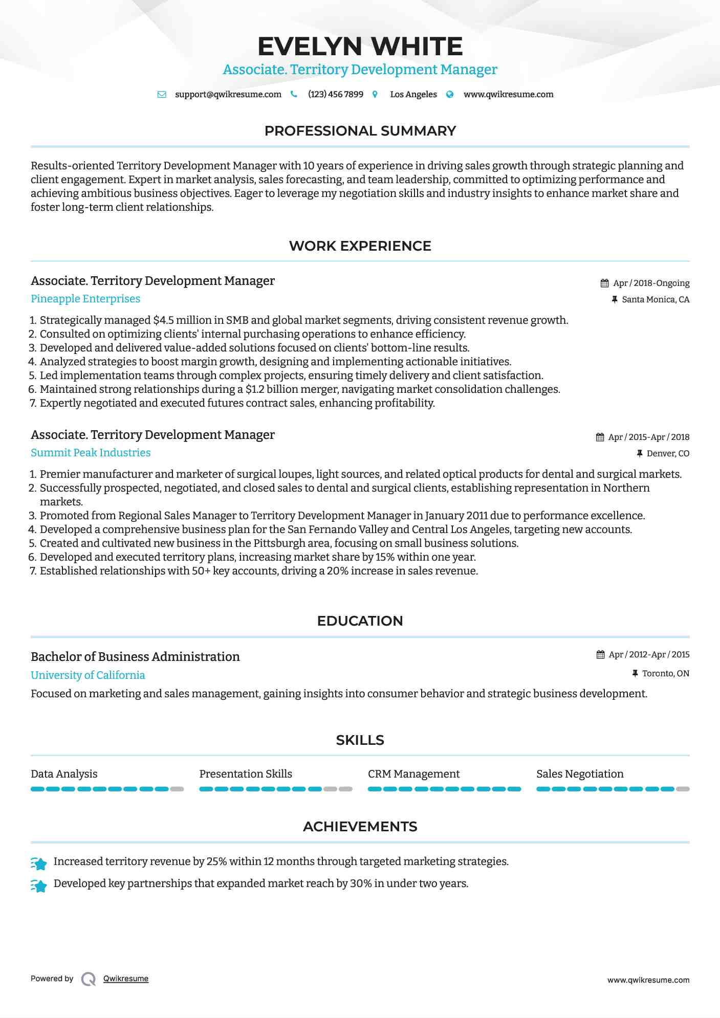 Associate. Territory Development Manager Resume Model