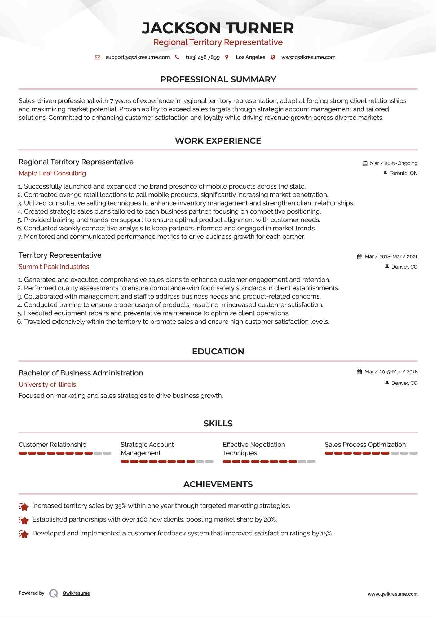 Regional Territory Representative
 Resume Template