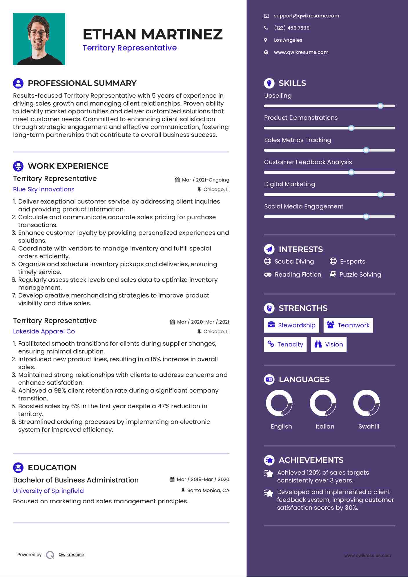 Territory Representative Resume Template