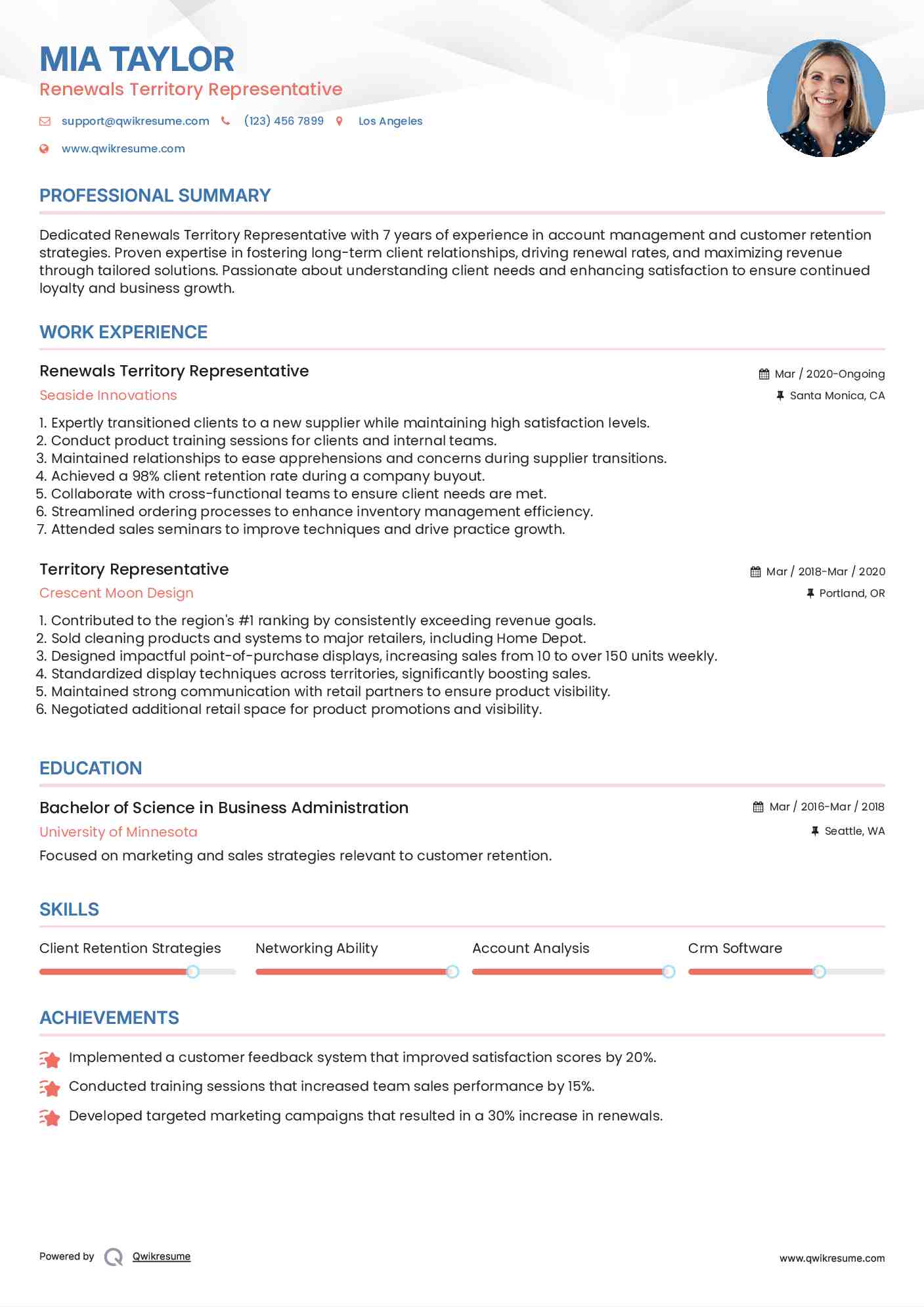Renewals Territory Representative
 Resume Sample