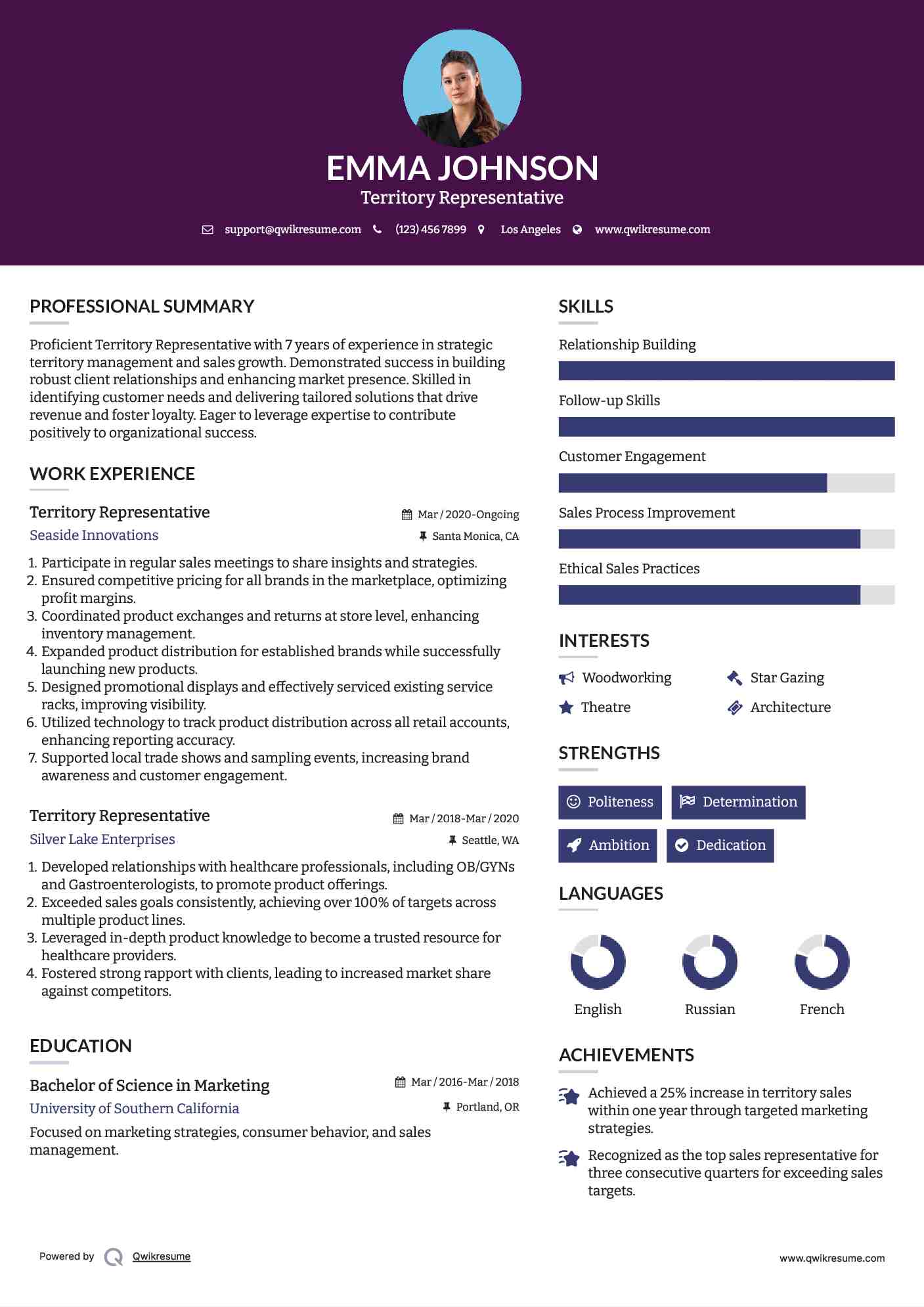 Territory Representative Resume Sample