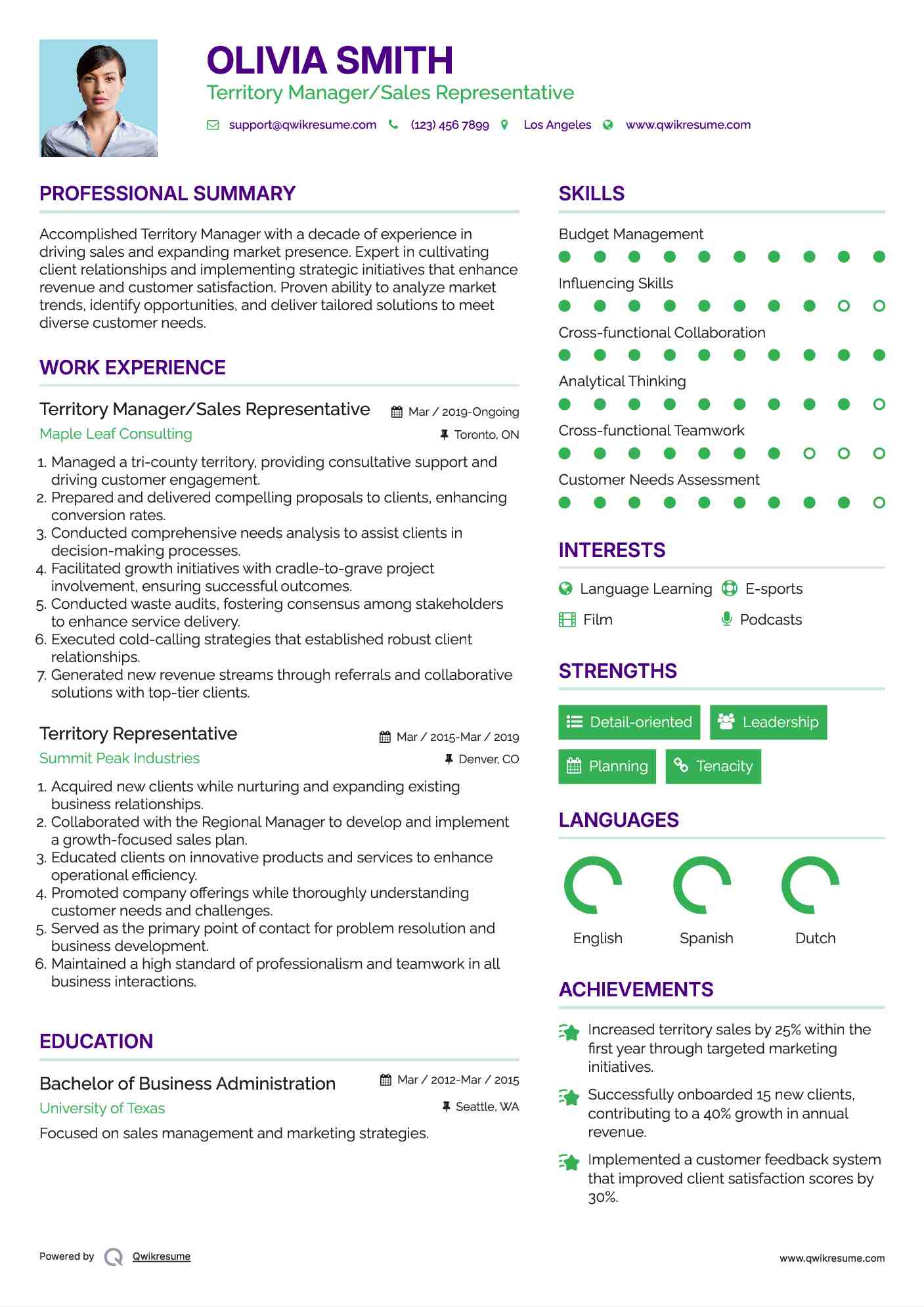 Territory Manager/Sales Representative
 Resume Sample