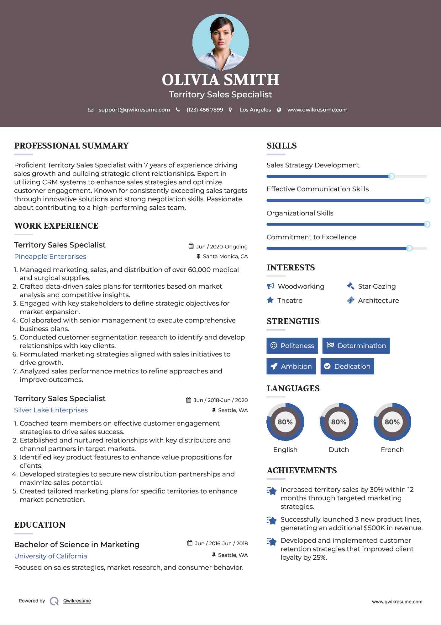 Territory Sales Specialist Resume Example