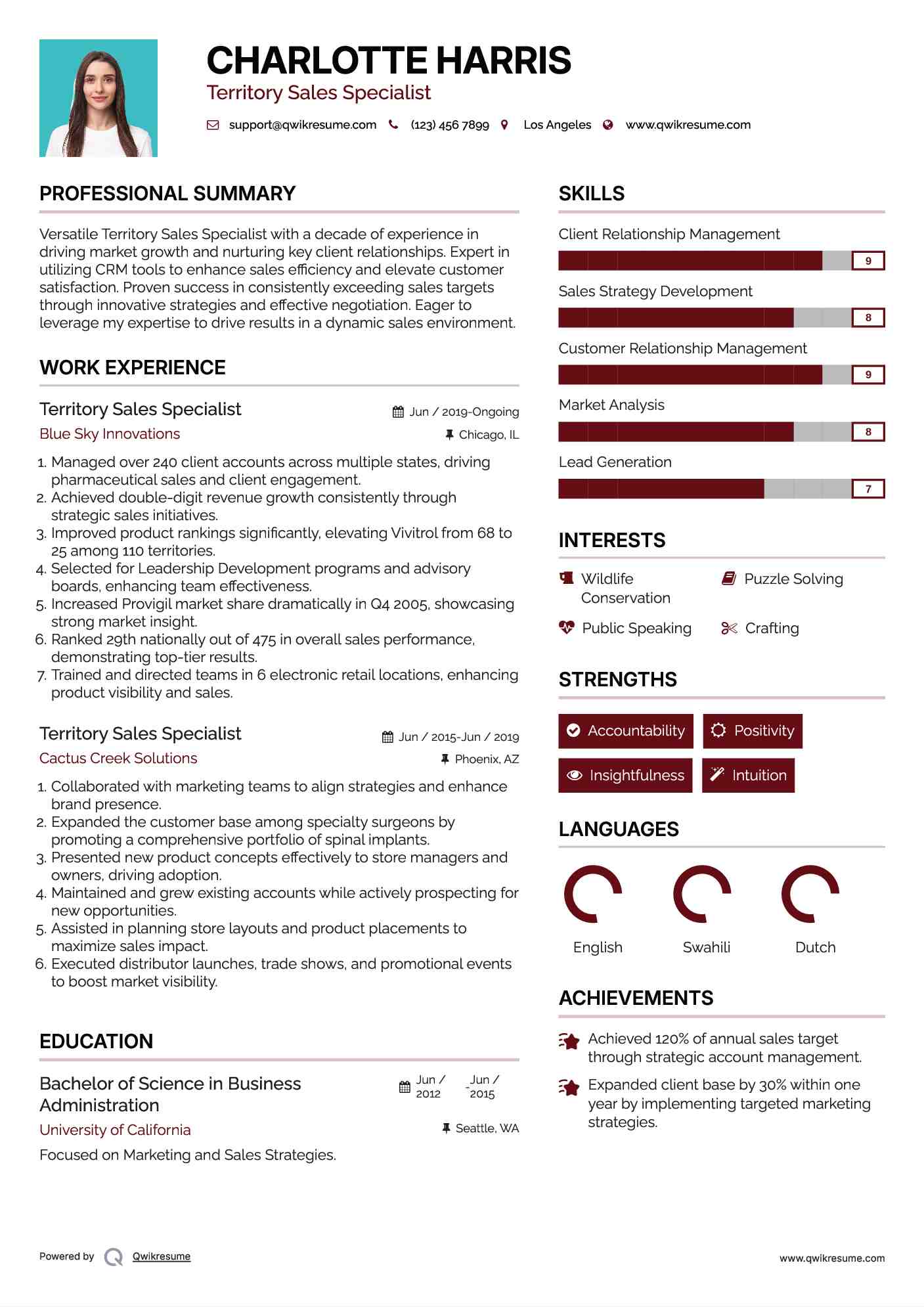 Territory Sales Specialist Resume Model