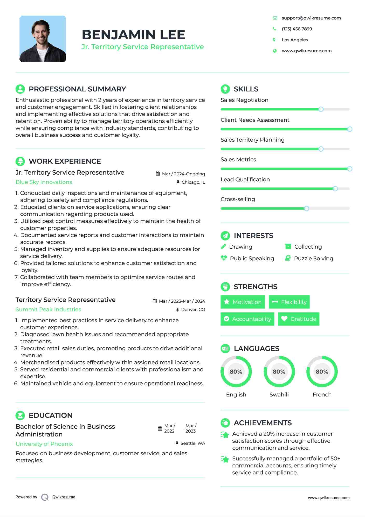 Jr. Territory Service Representative Resume Format
