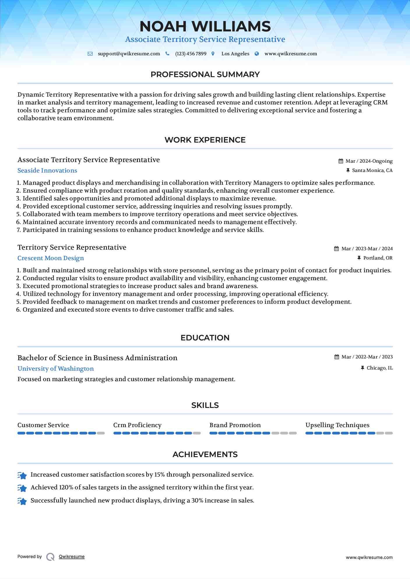 Associate Territory Service Representative Resume Format