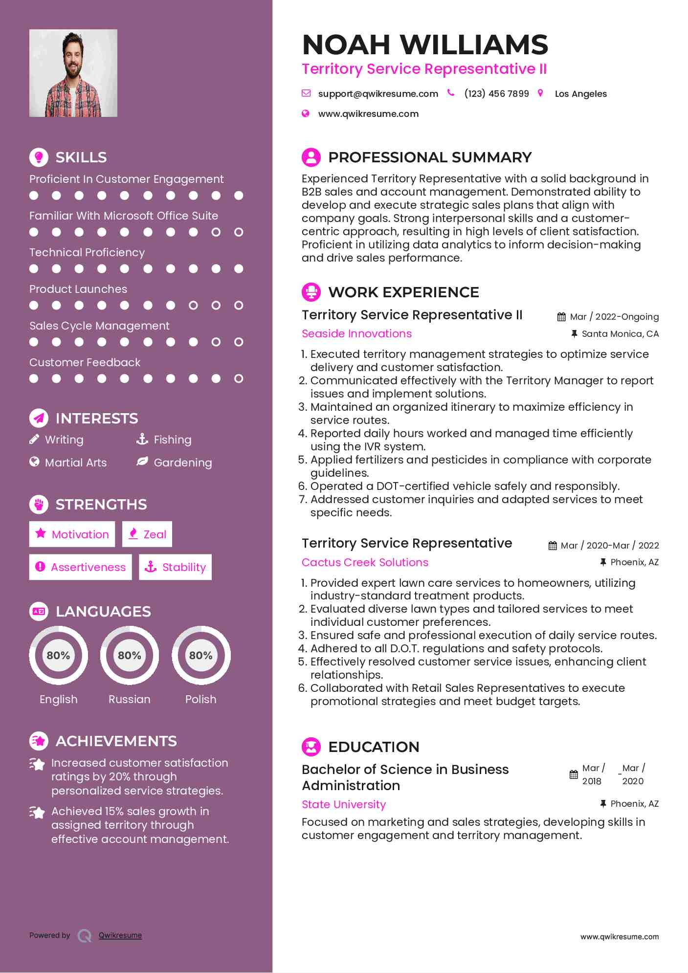 Territory Service Representative II Resume Format