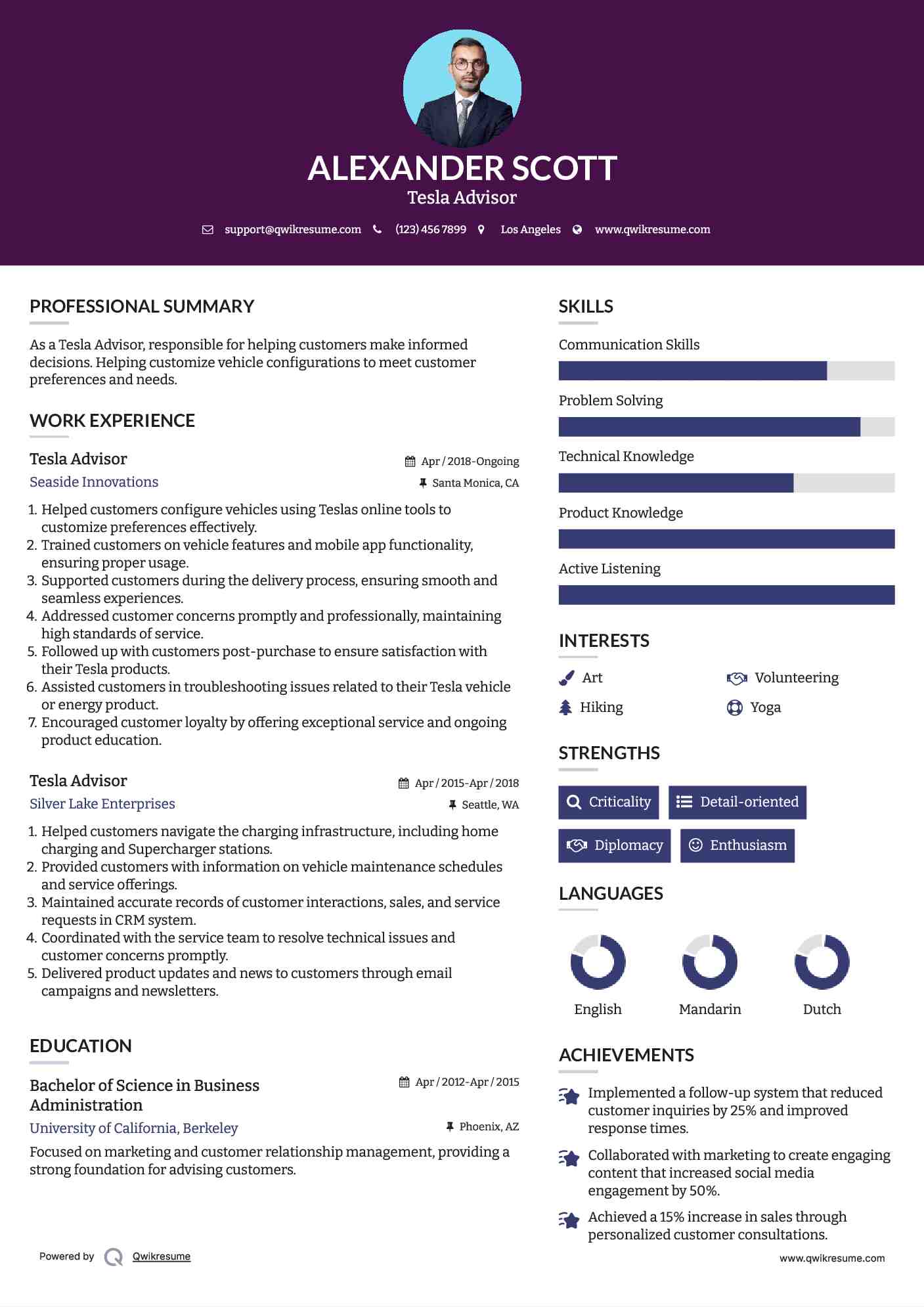 Tesla Advisor Resume Sample