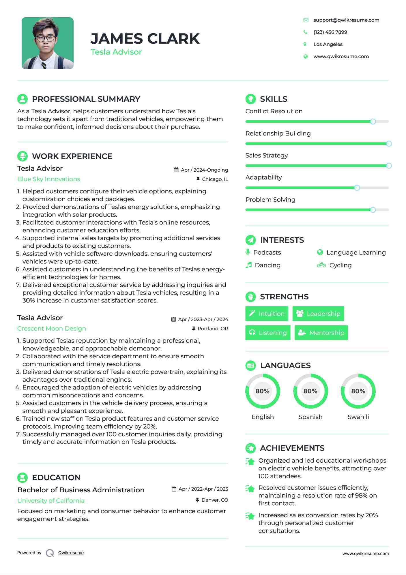 Tesla Advisor Resume Example