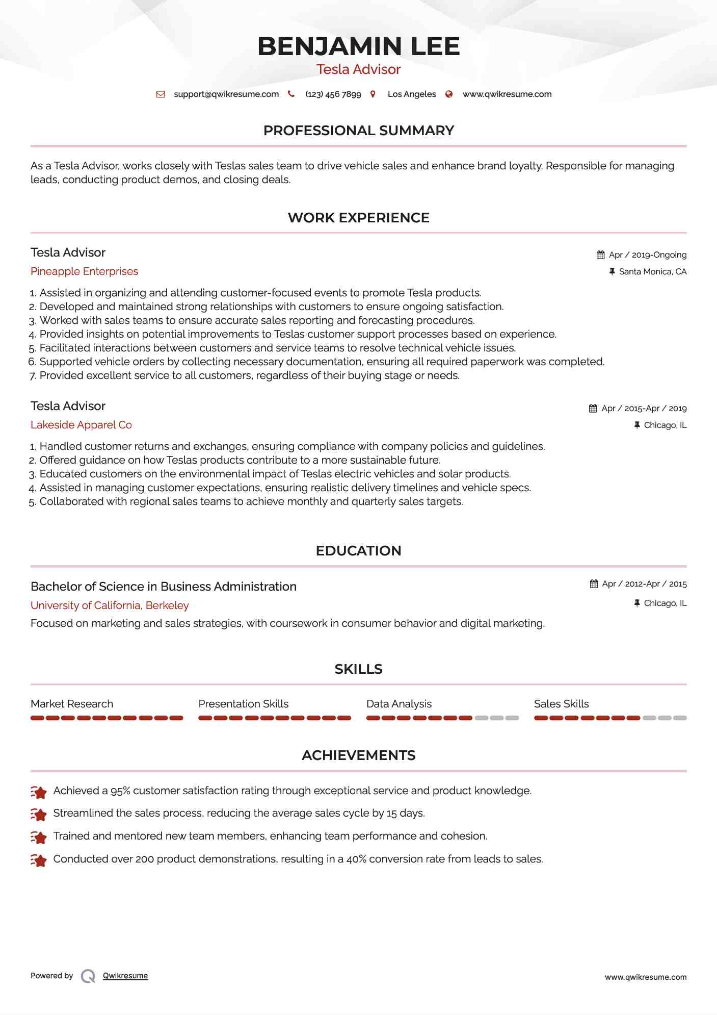 Tesla Advisor Resume Sample