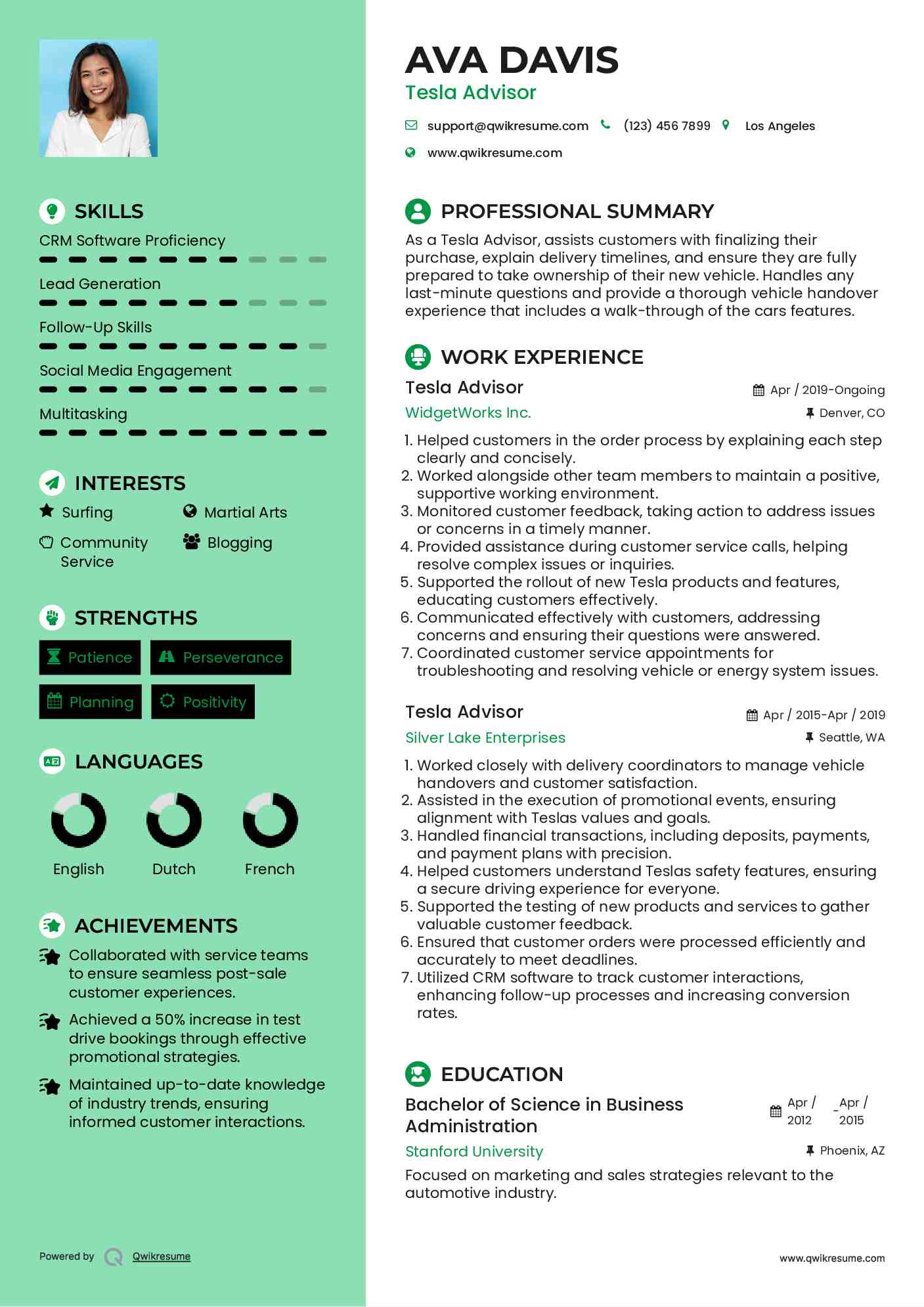 Tesla Advisor Resume Format