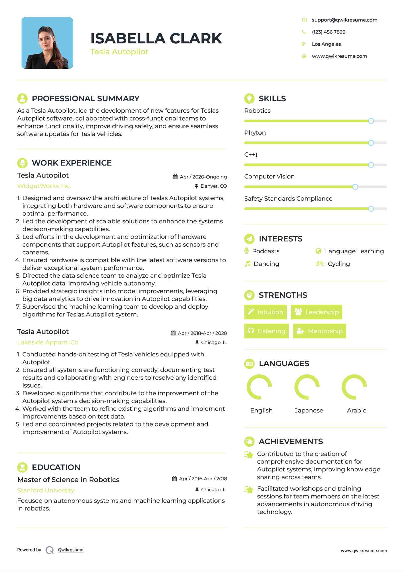 Tesla Autopilot Resume Example