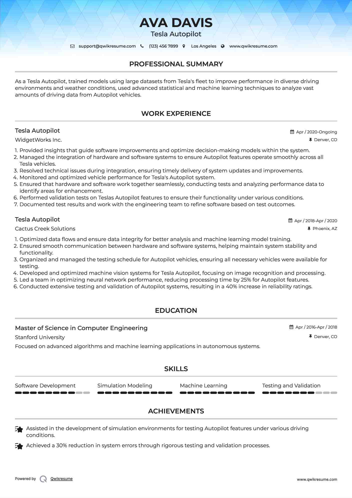 Tesla Autopilot Resume Format