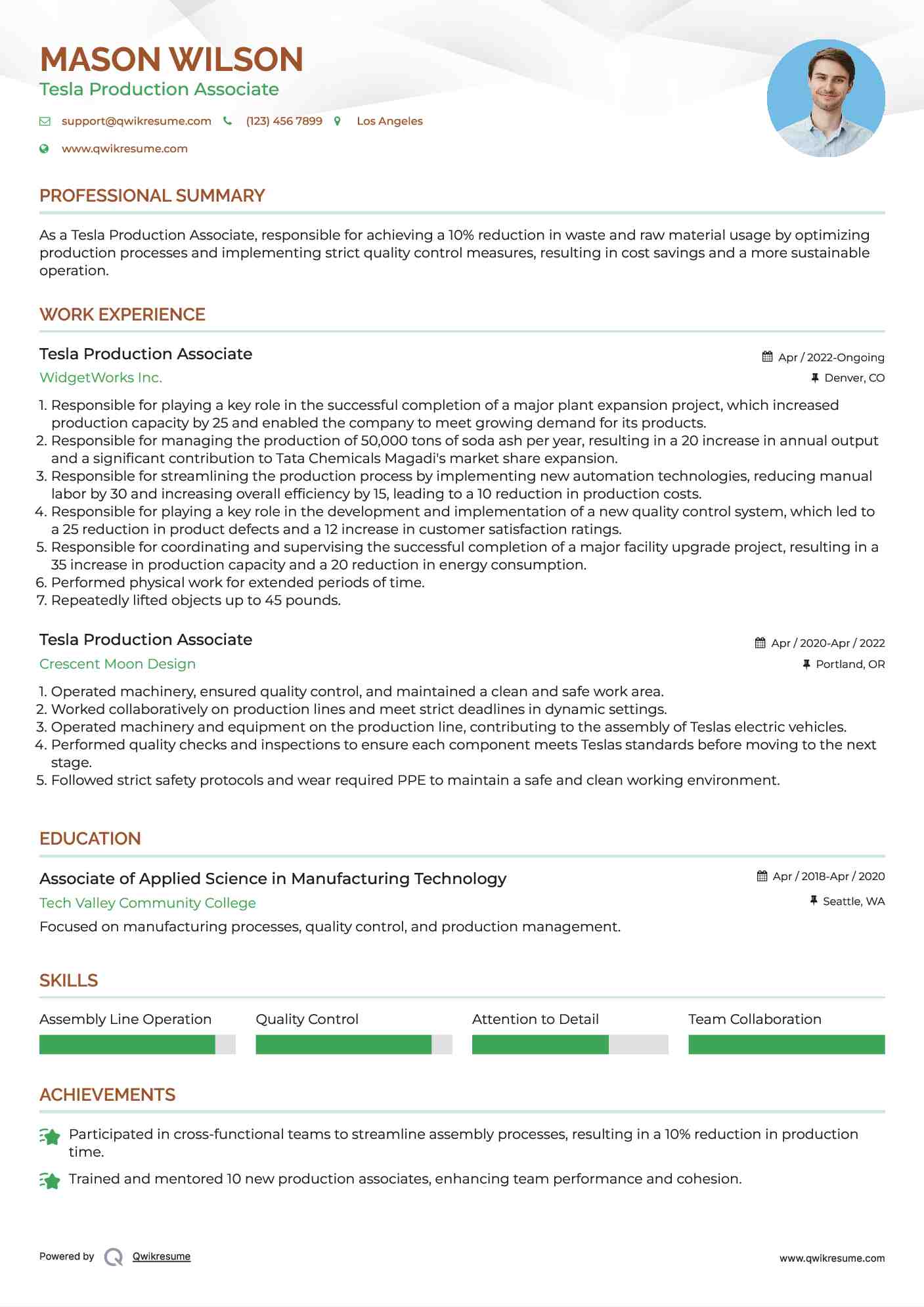 Tesla Production Associate Resume Model