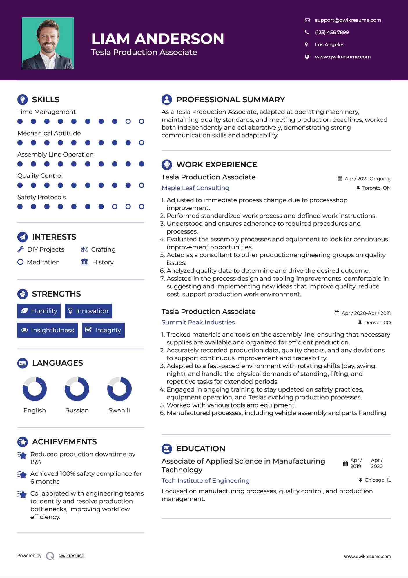 Tesla Production Associate Resume Model