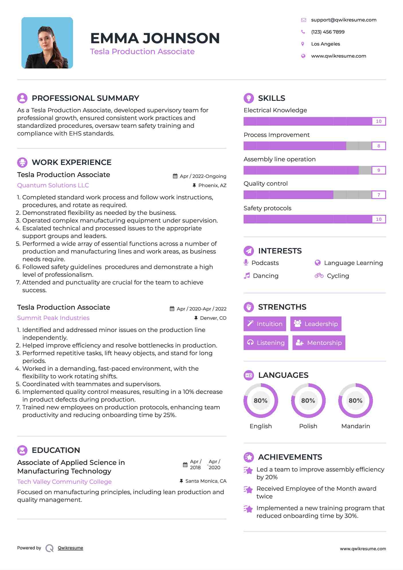 Tesla Production Associate Resume Format