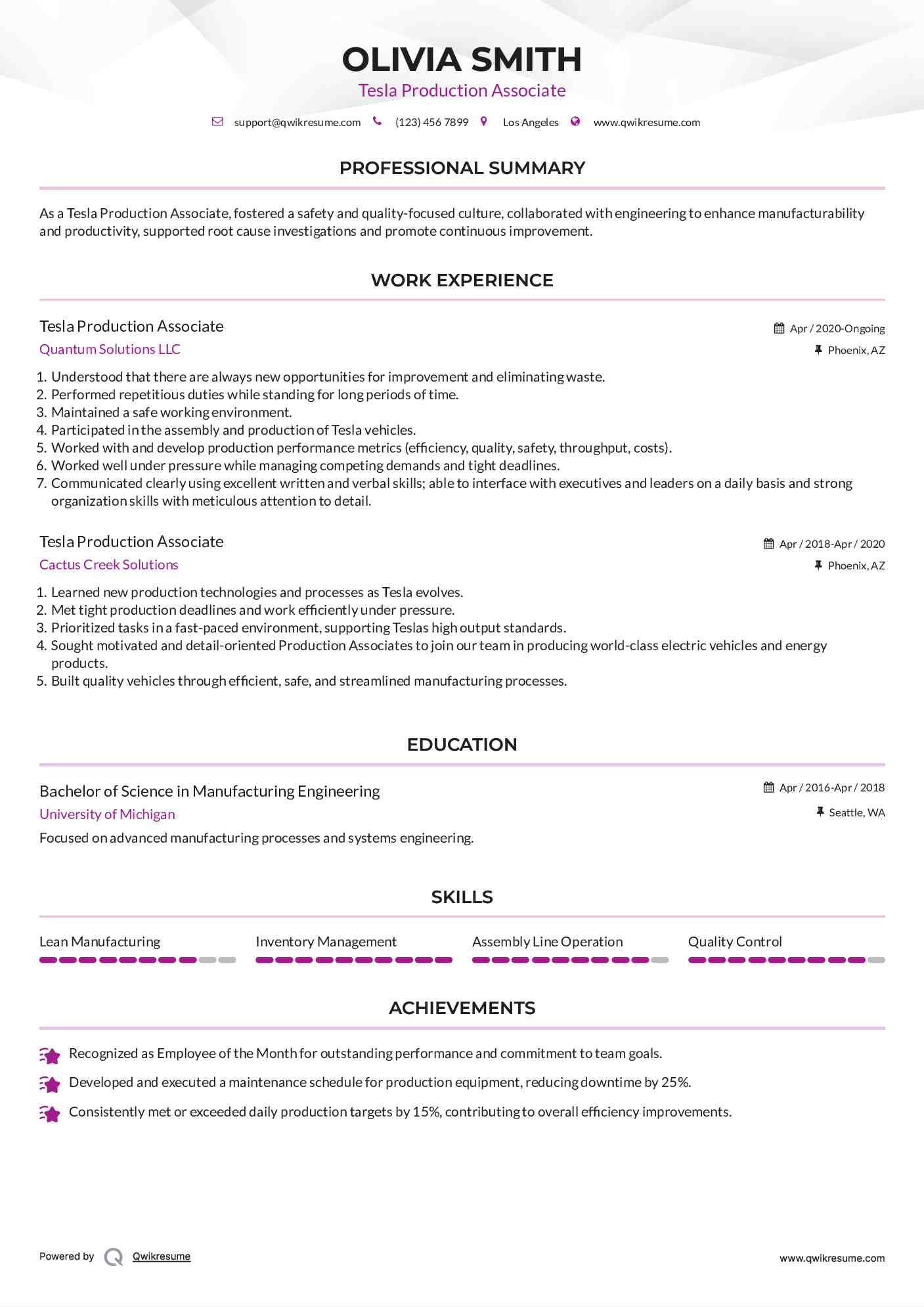 Tesla Production Associate Resume Template